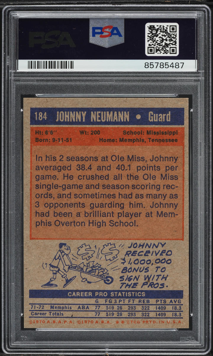 1972 Topps Basketball Johnny Neumann #184 PSA 8.5 NM-MT+