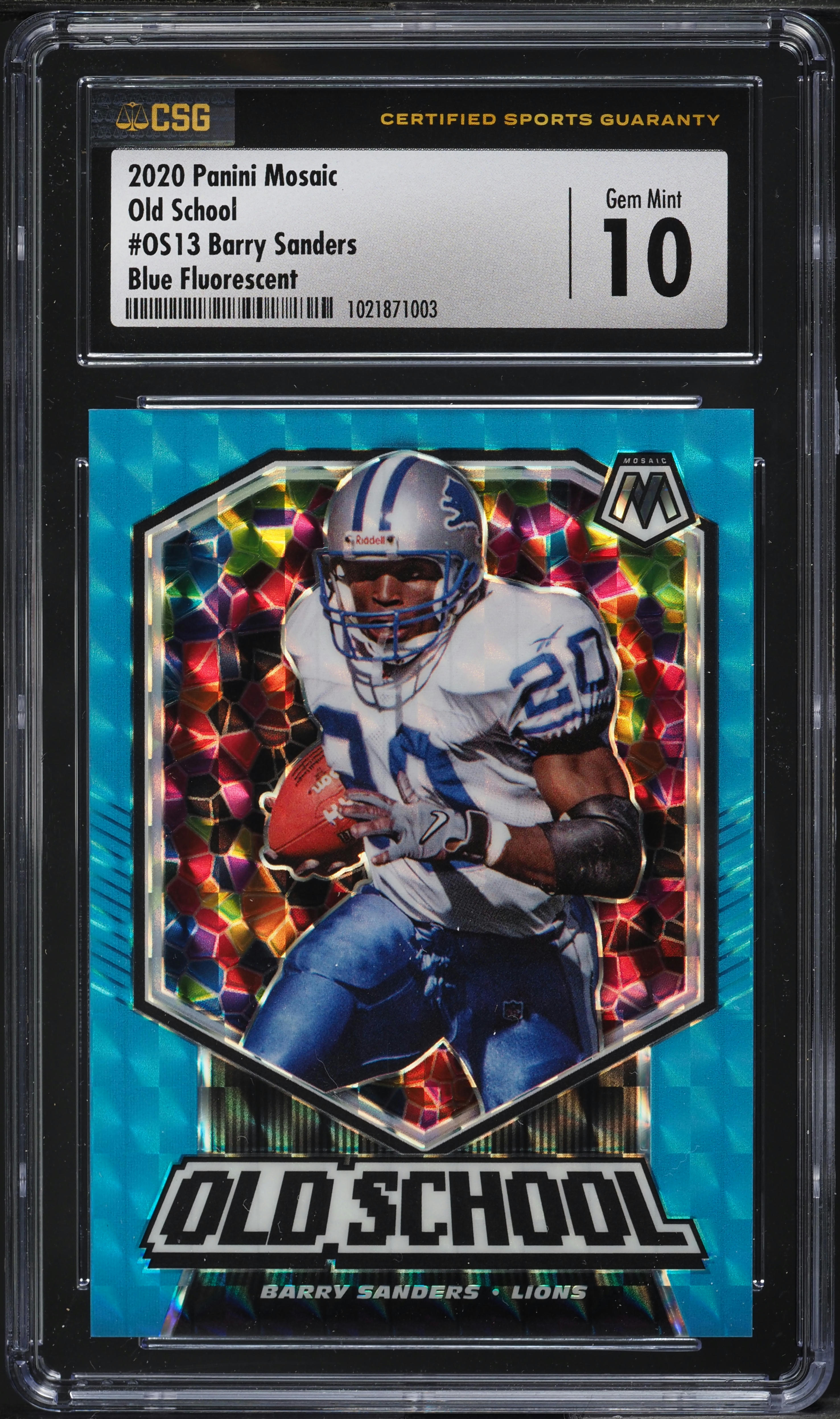 2020 Panini Mosaic Old School Blue Fluorescent Barry Sanders /15