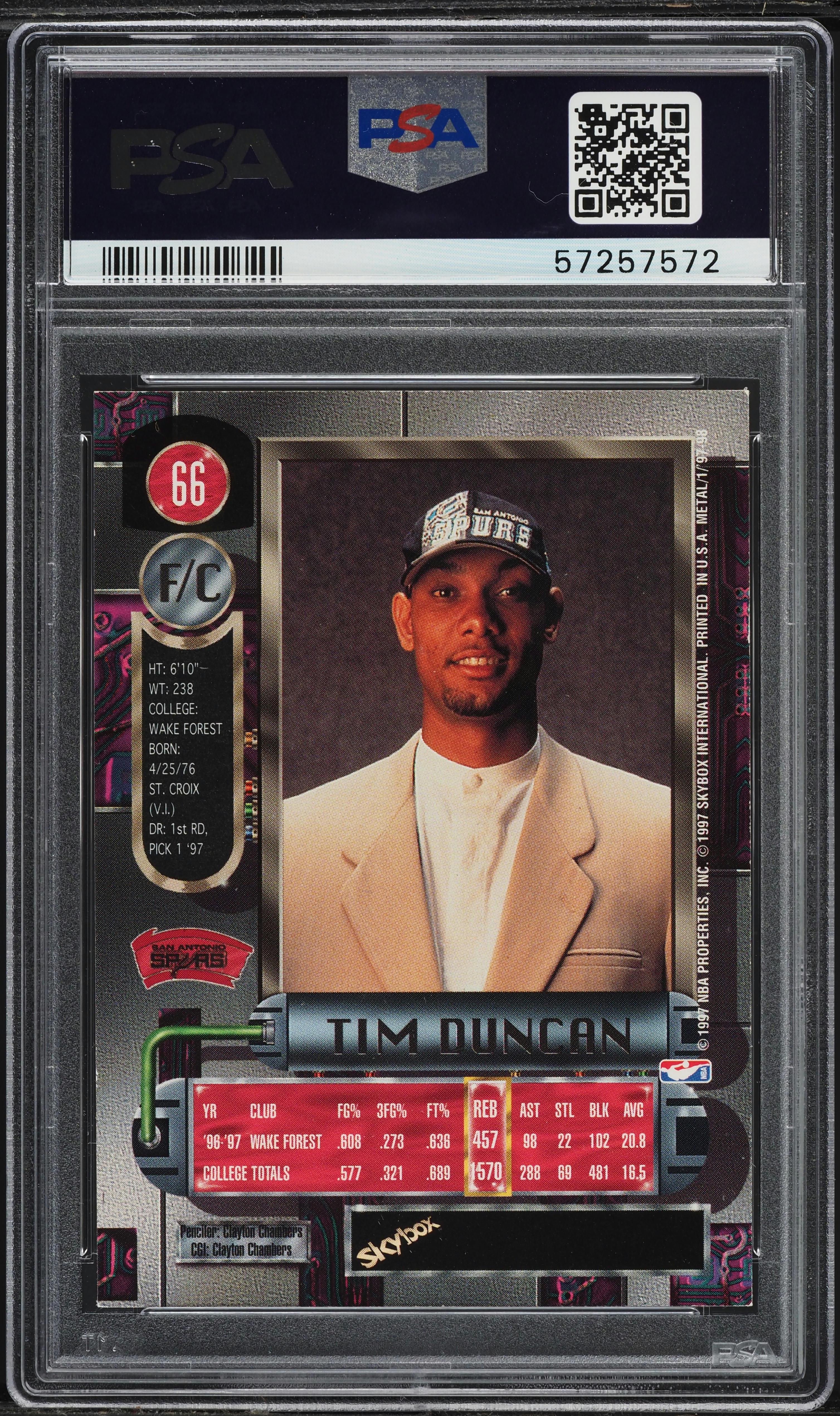1997 Metal Universe Tim Duncan ROOKIE #66 PSA 7 NRMT on Fanatics