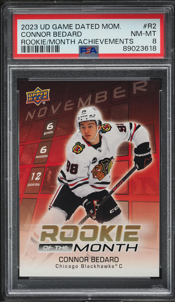 2023 UD Game Dated Moments Of The Month Achievements Connor Bedard ROOKIE PSA 8