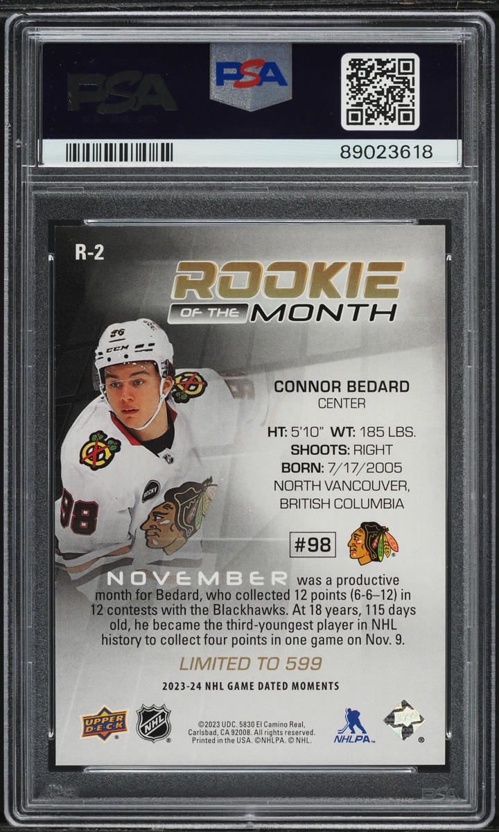 2023 UD Game Dated Moments Of The Month Achievements Connor Bedard ROOKIE PSA 8
