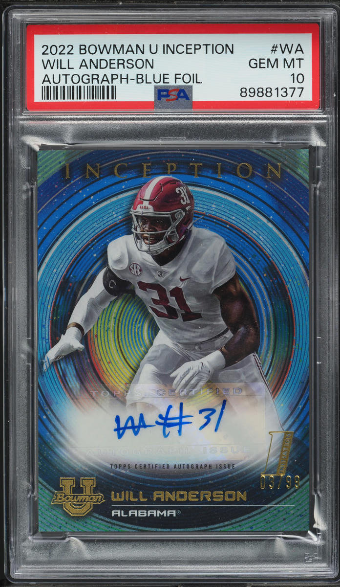 2022 Bowman University Inception Blue Foil Will Anderson ROOKIE AUTO /99 PSA 10