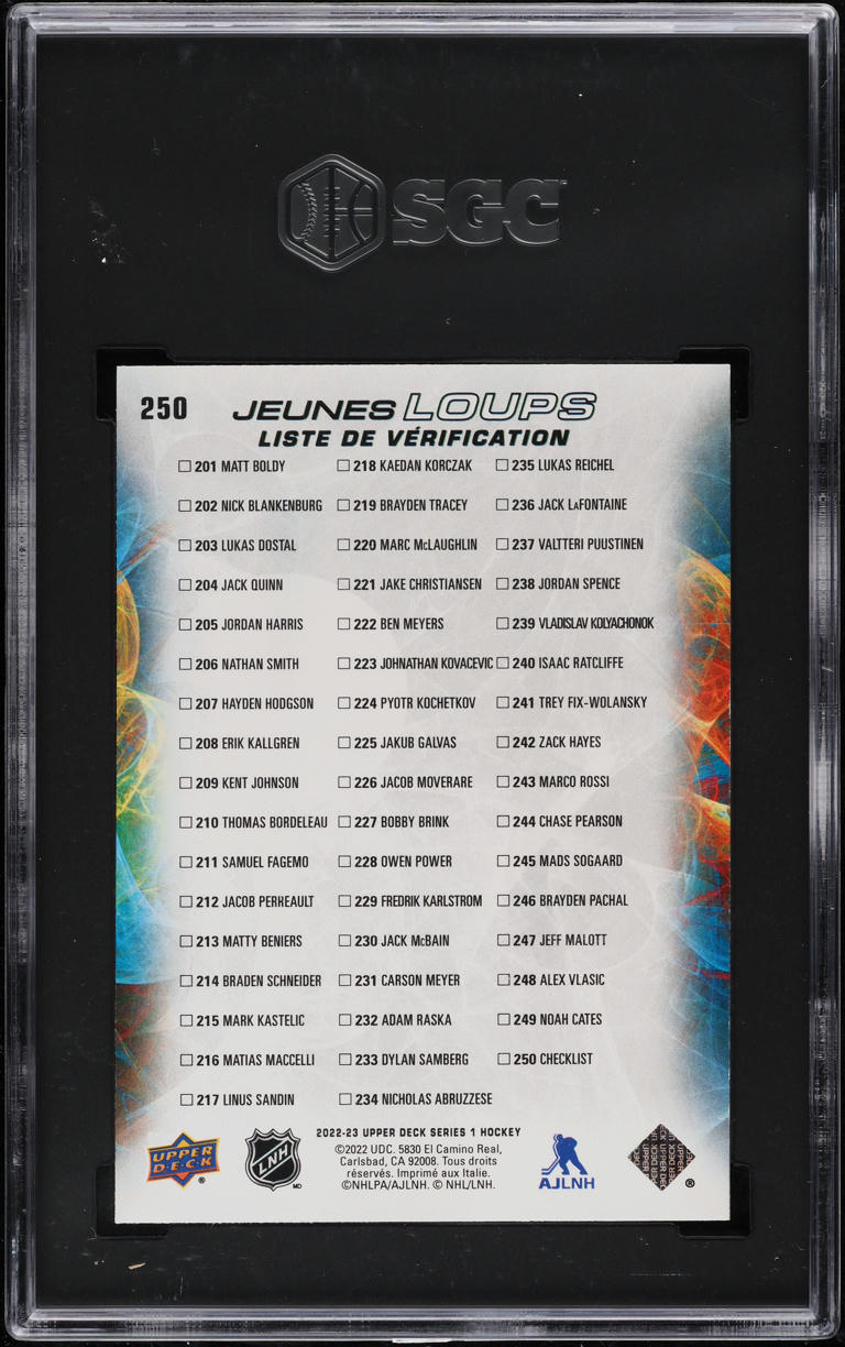 2022 Upper Deck French Young Guns Checklist Boldy Marco Rossi ROOKIE #250 SGC 10