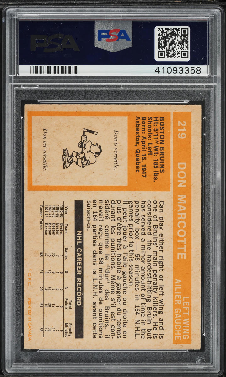 1972 O-Pee-Chee Hockey Don Marcotte #219 PSA 8 NM-MT