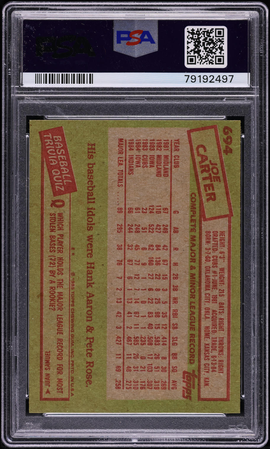 1985 Topps Joe Carter #694 PSA 8 NM-MT
