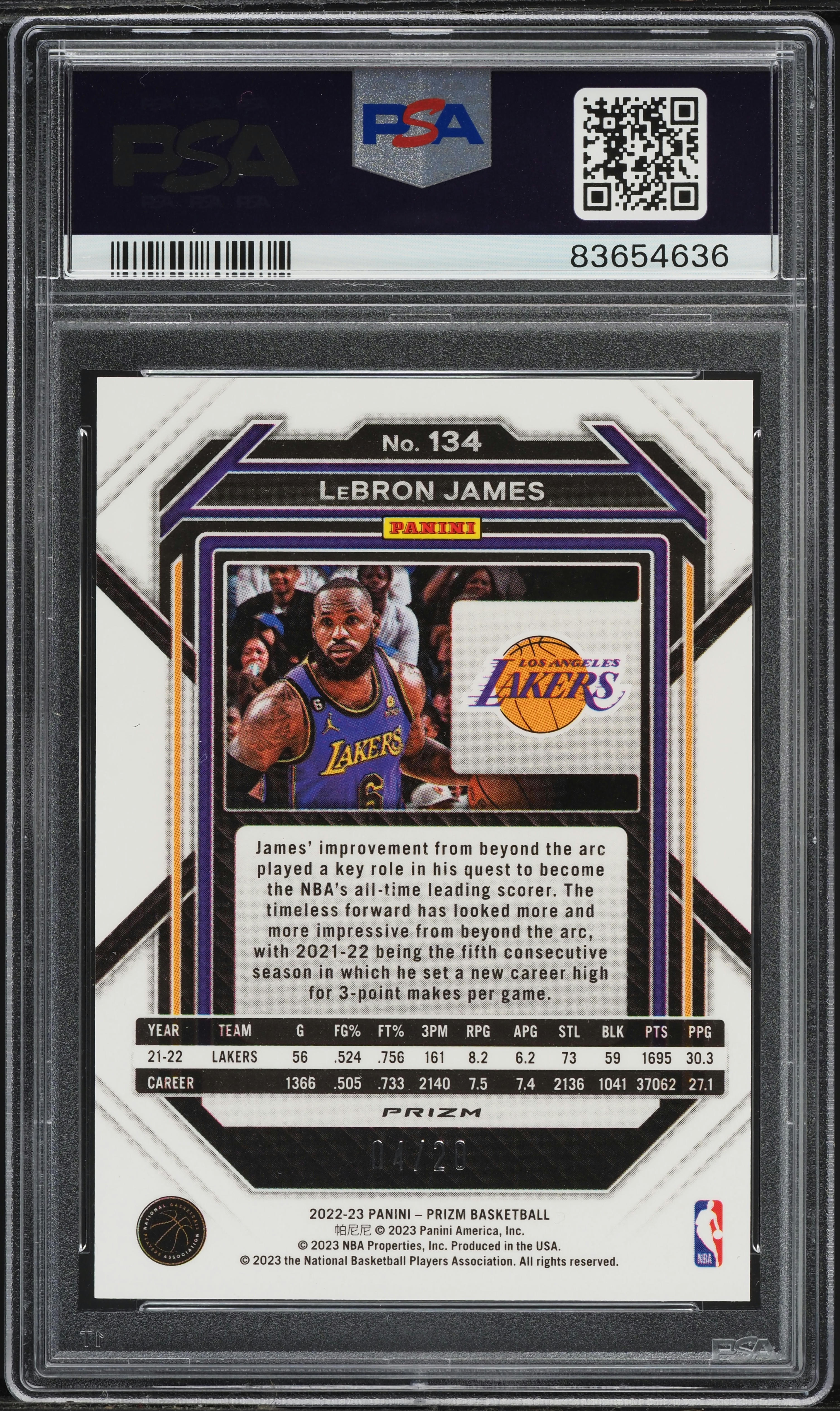 2022 Panini Prizm Purple Choice LeBron James /20 #134 PSA 10 GEM