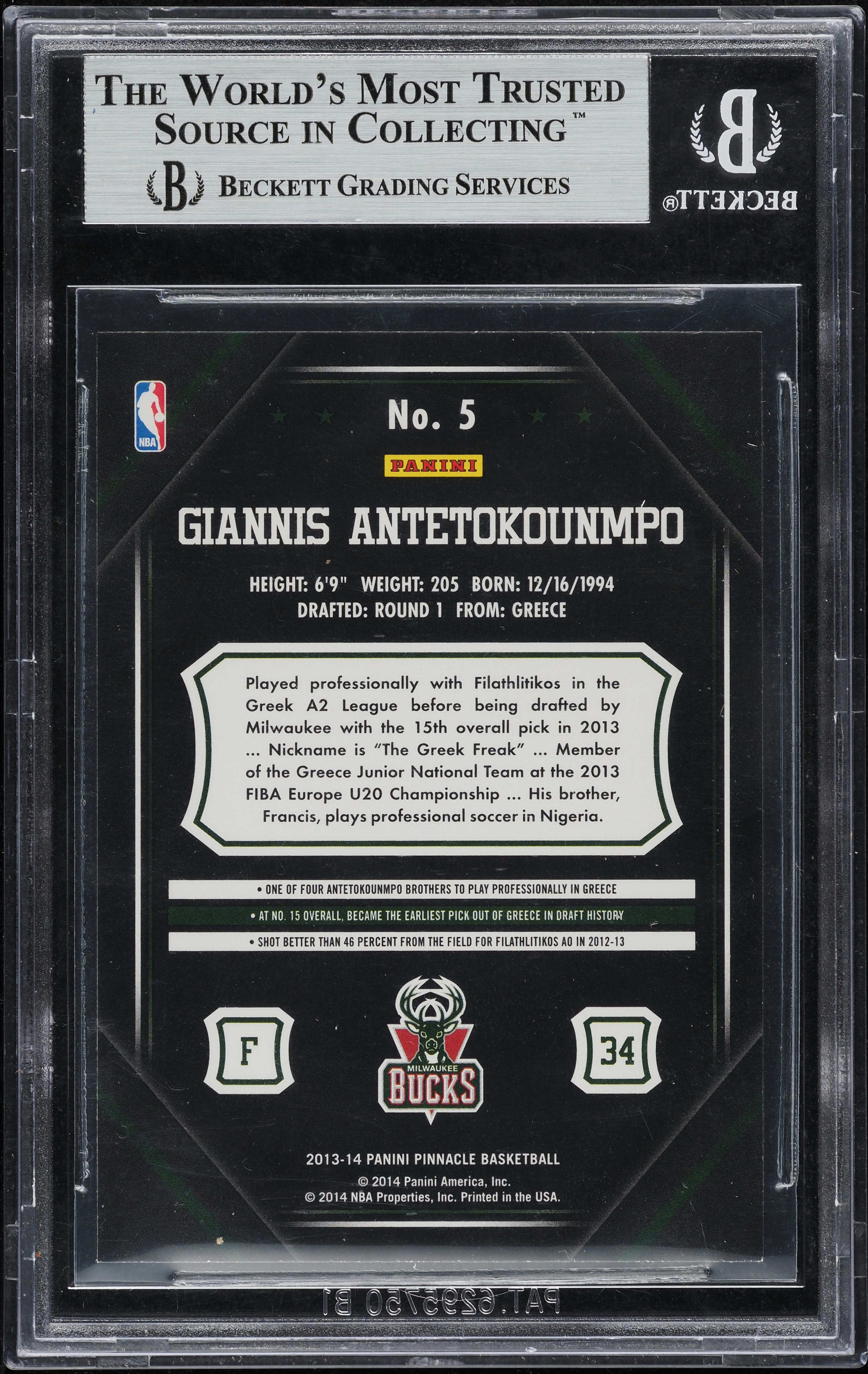 2013 Pinnacle Artist's Proof Giannis Antetokounmpo ROOKIE #5 BGS 9