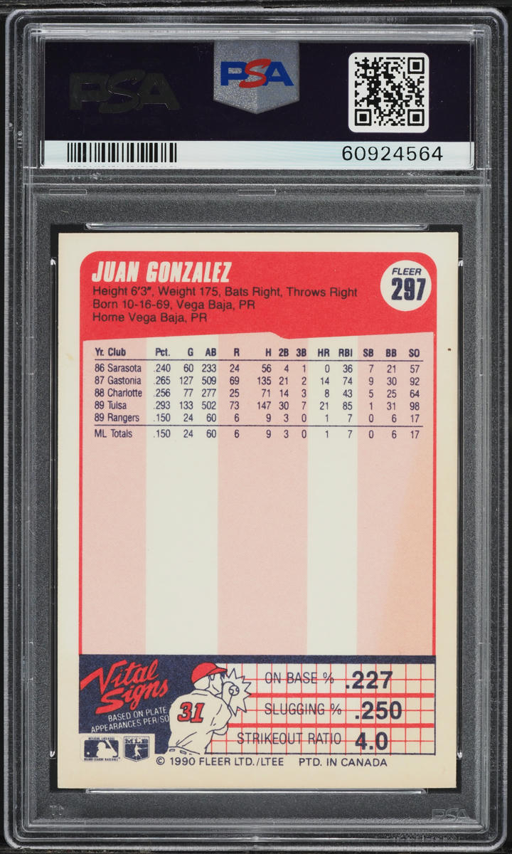1990 Fleer Canadian Juan Gonzalez #297 PSA 6 EXMT