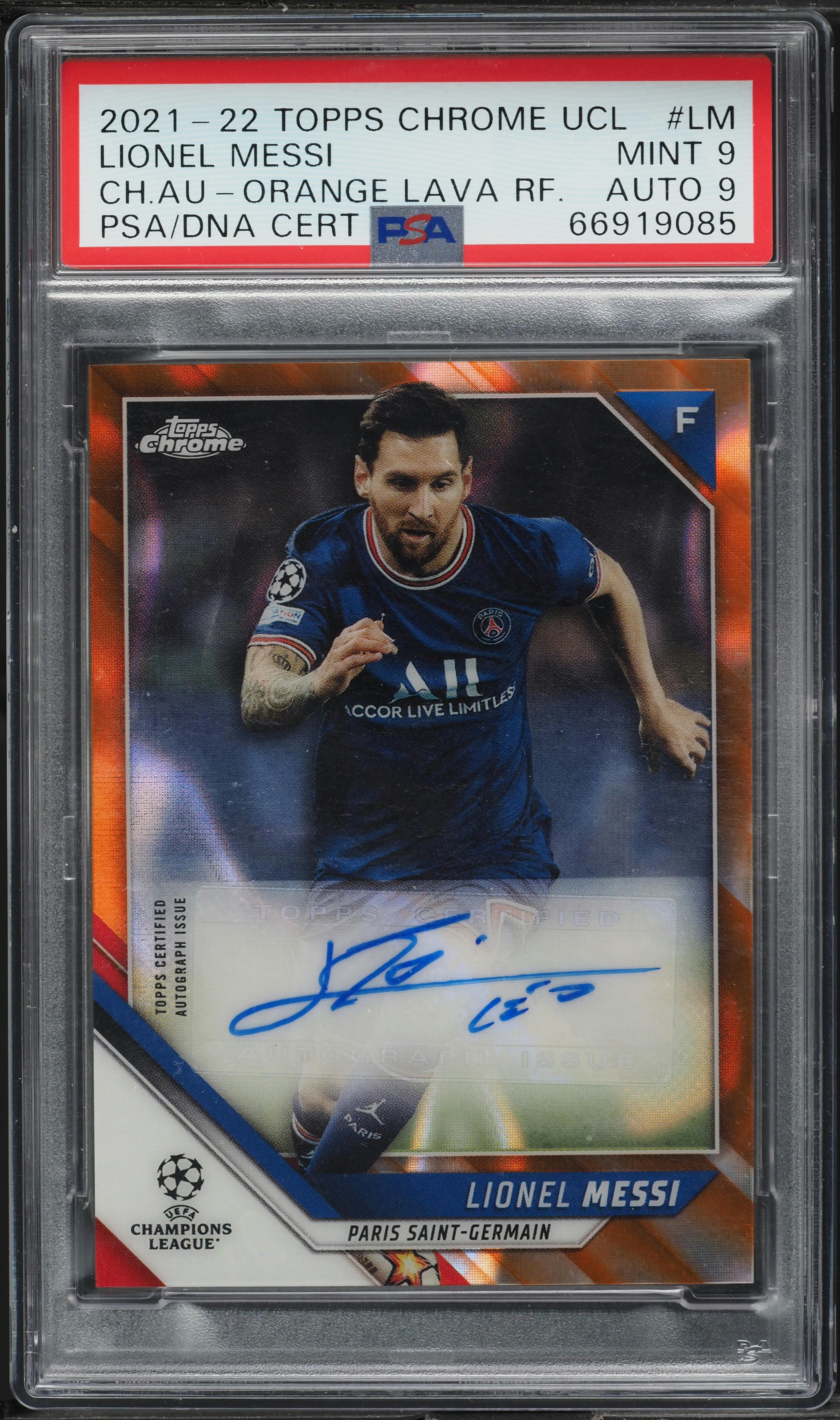 2021 Topps Chrome UEFA Orange Lava Refractor Lionel Messi AUTO DNA 