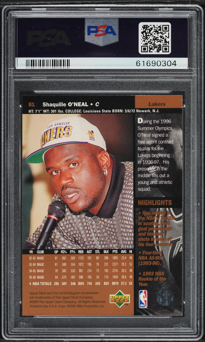 1996 Upper Deck Basketball Shaquille O'Neal #61 PSA 10 GEM MINT