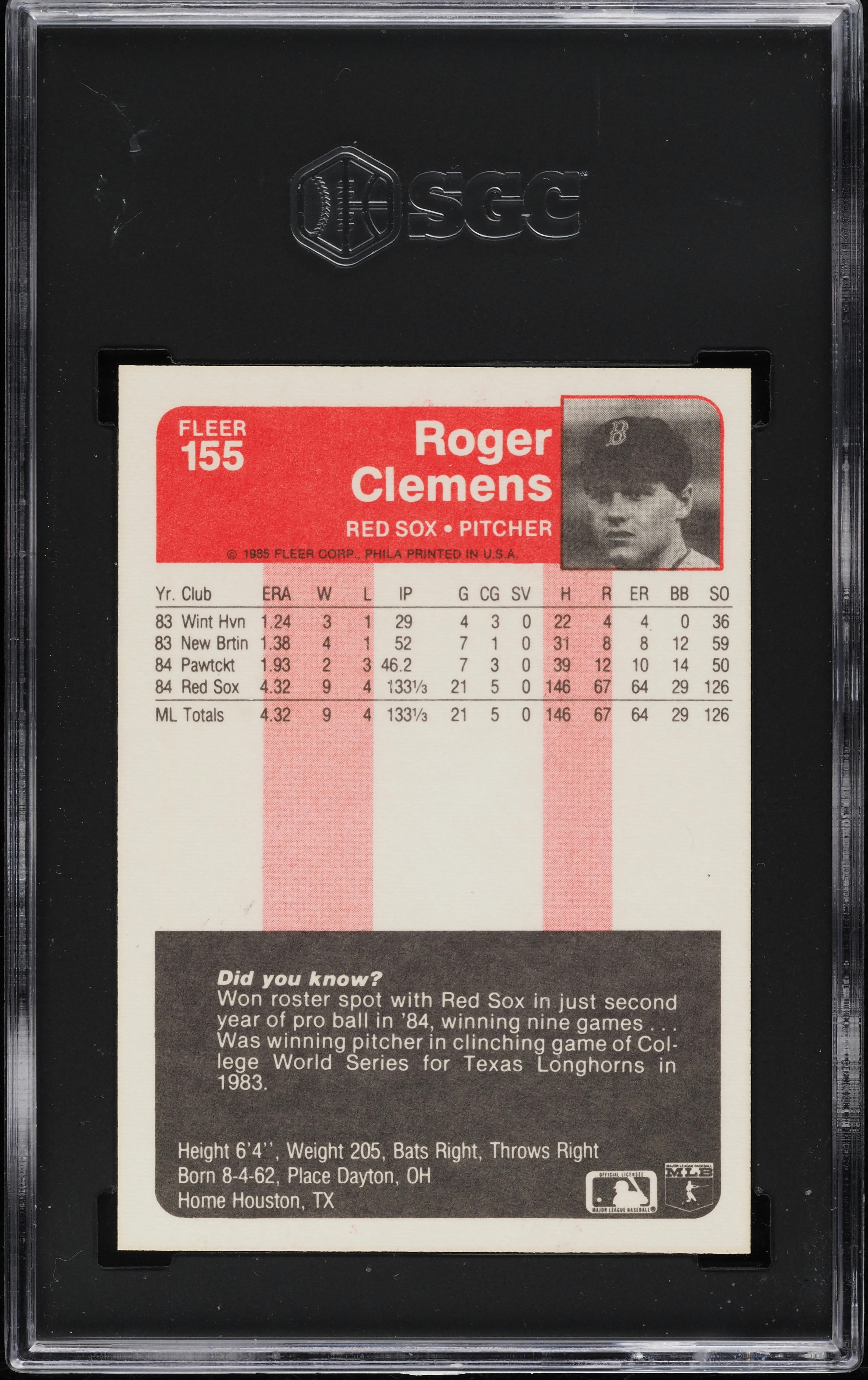 1985 Fleer Roger Clemens ROOKIE #155 SGC 8.5 NM-MT+ on Fanatics