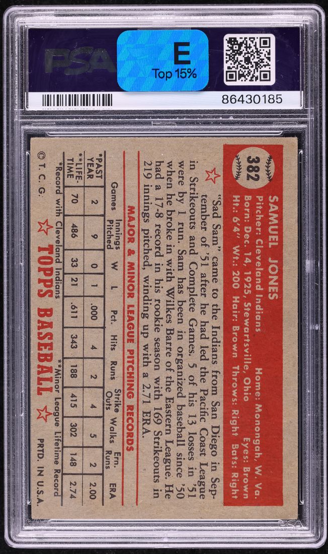 1952 Topps Sam Jones ROOKIE #382 PSA 3 VG