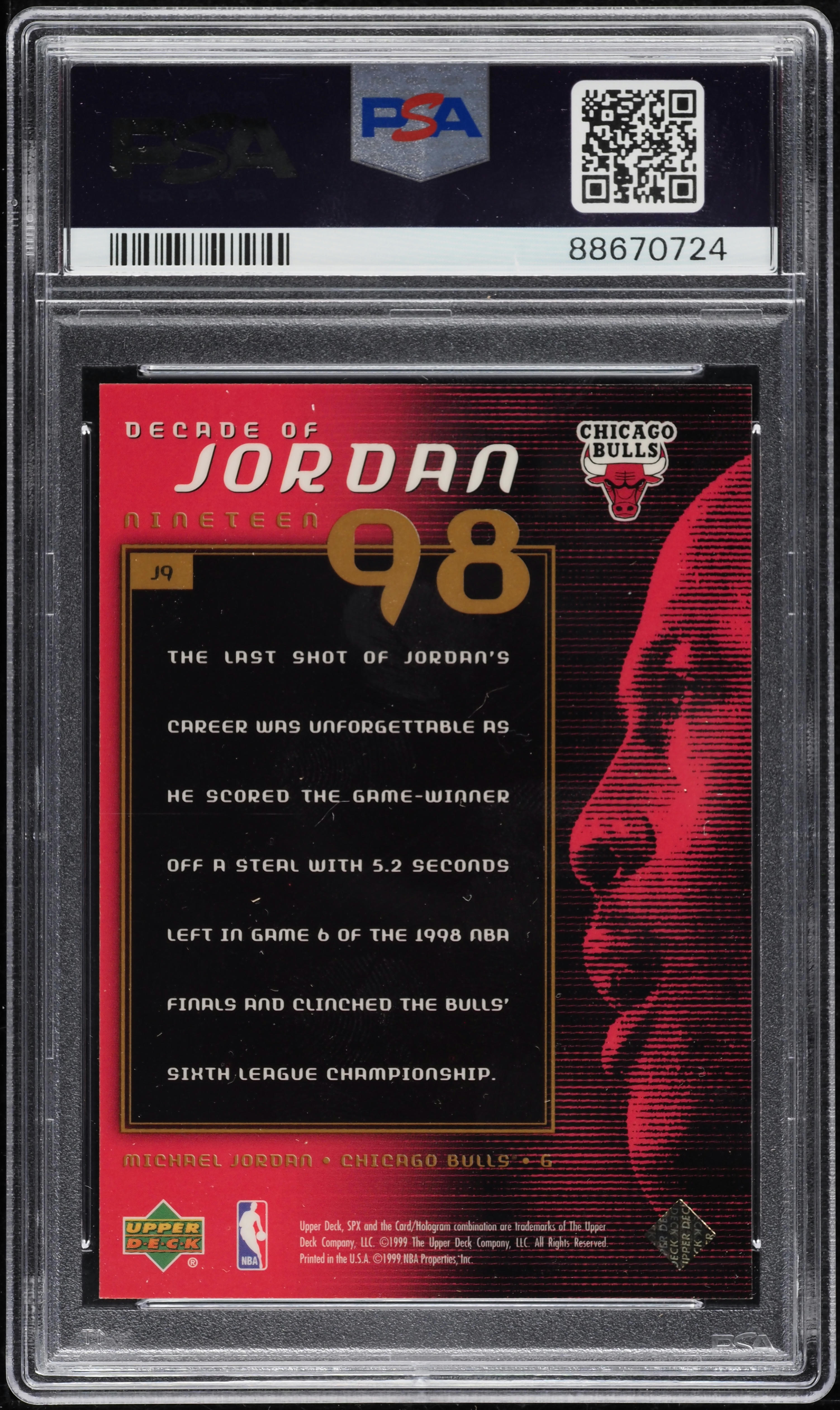 1999 SPx Decade Of Jordan Michael Jordan #J9 PSA 10 GEM MINT on