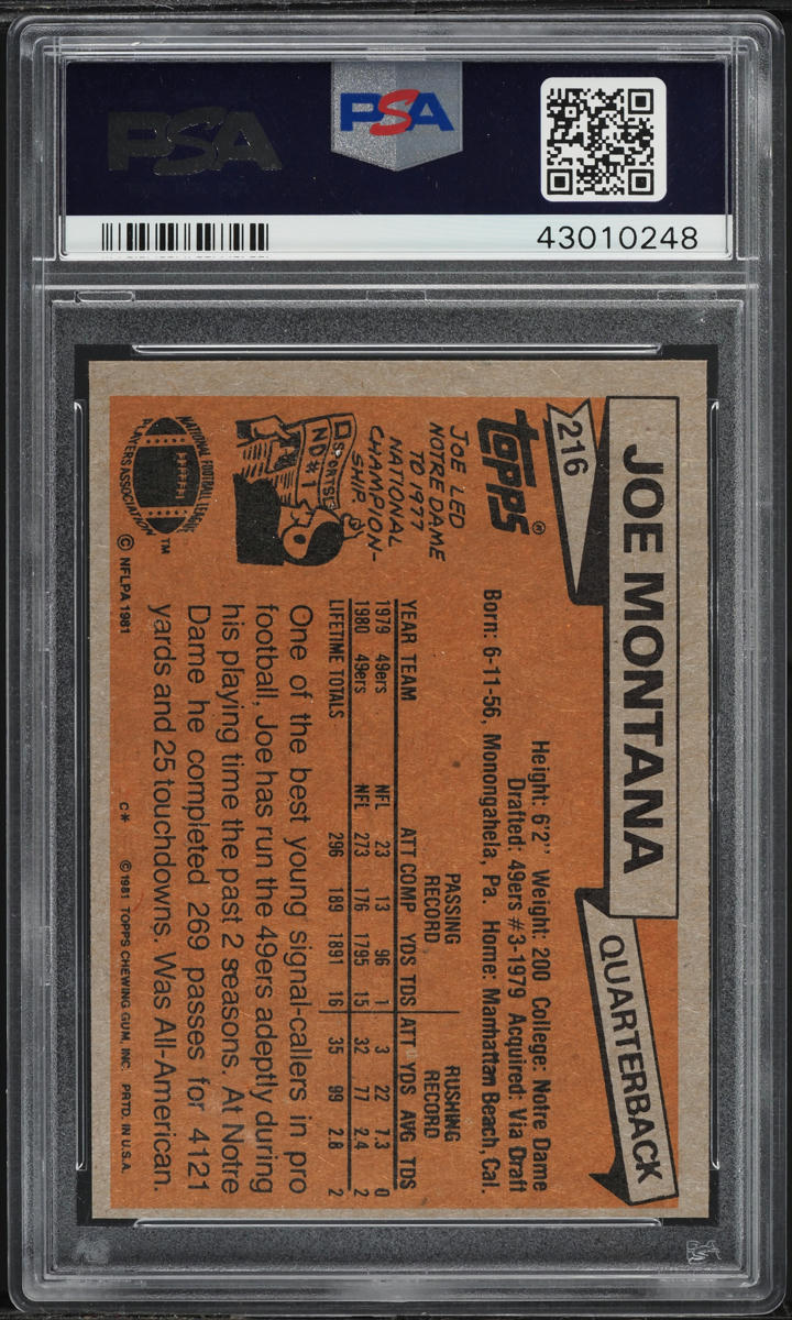 1981 Topps Football Joe Montana ROOKIE #216 PSA 8 NM-MT