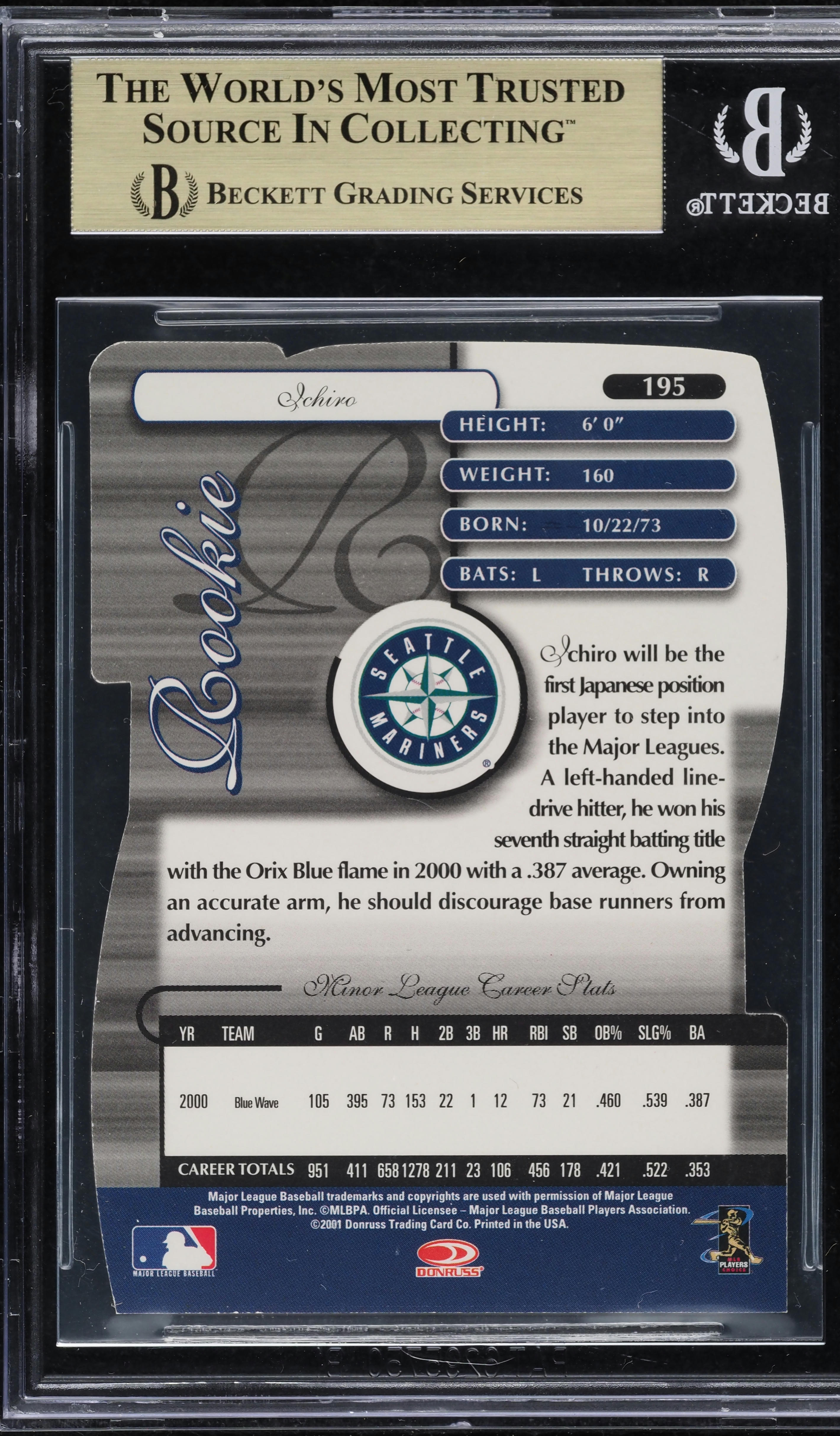 2001 Donruss Elite Status Ichiro Suzuki ROOKIE, NO SERIAL #195 BGS