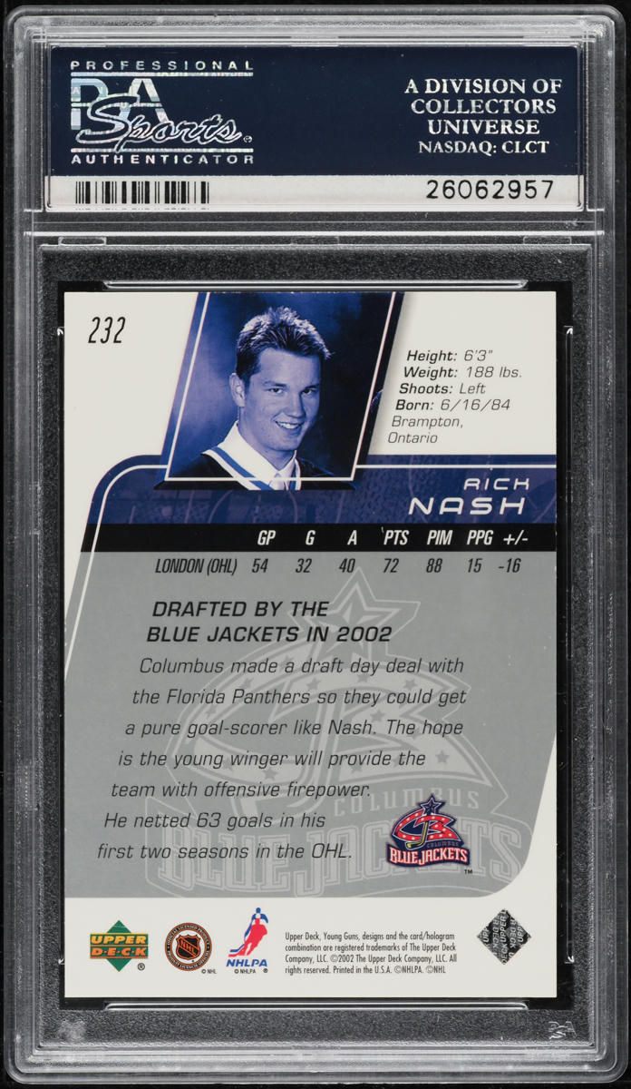 2002 Upper Deck Young Guns Rick Nash ROOKIE #232 PSA 10 GEM MINT