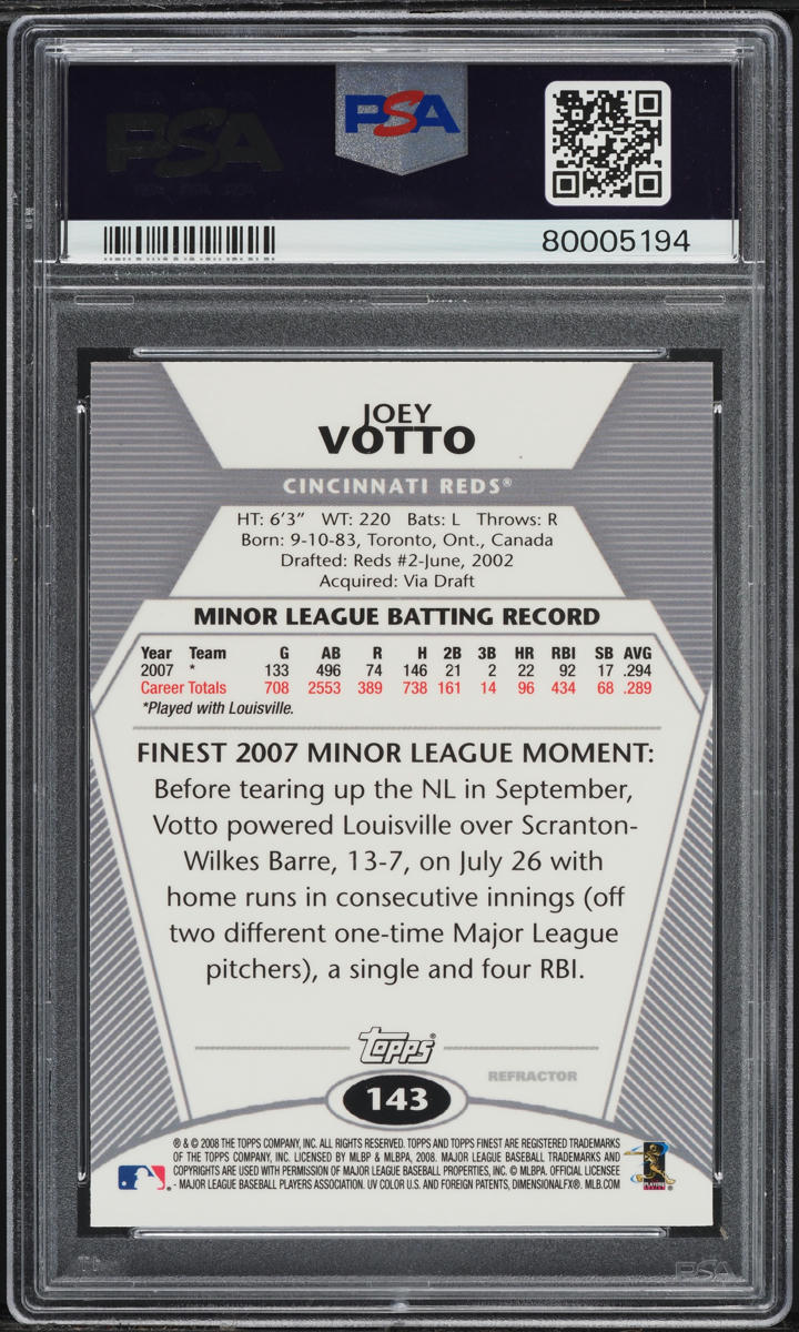 2008 Finest Refractor Joey Votto ROOKIE #143 PSA 9 MINT