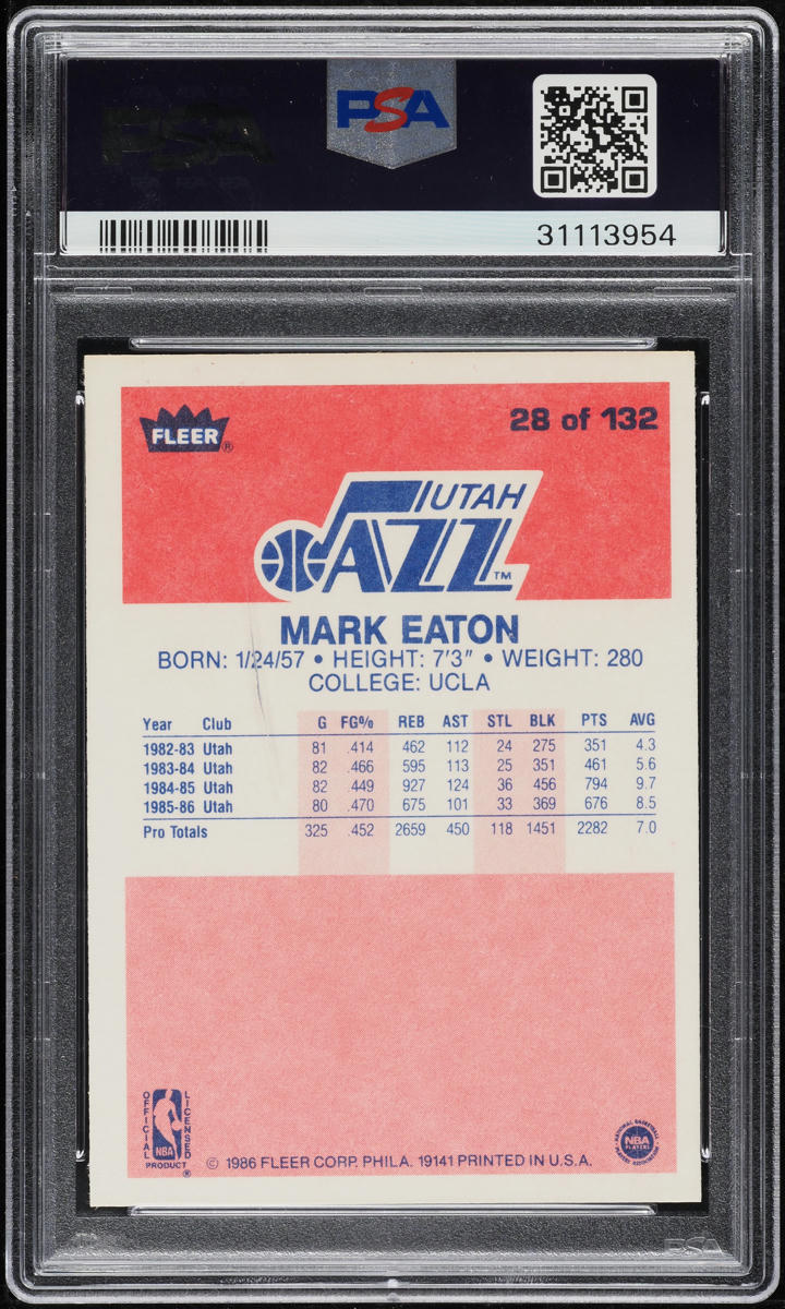 1986 Fleer Basketball Mark Eaton #28 PSA 10 GEM MINT