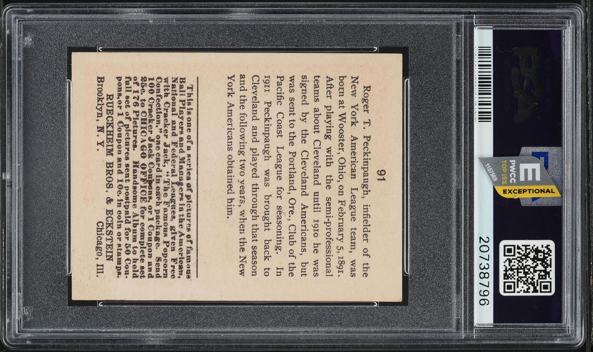1915 Cracker Jack Roger Peckinpaugh #91 PSA 6.5 EXMT+ (PWCC-E)