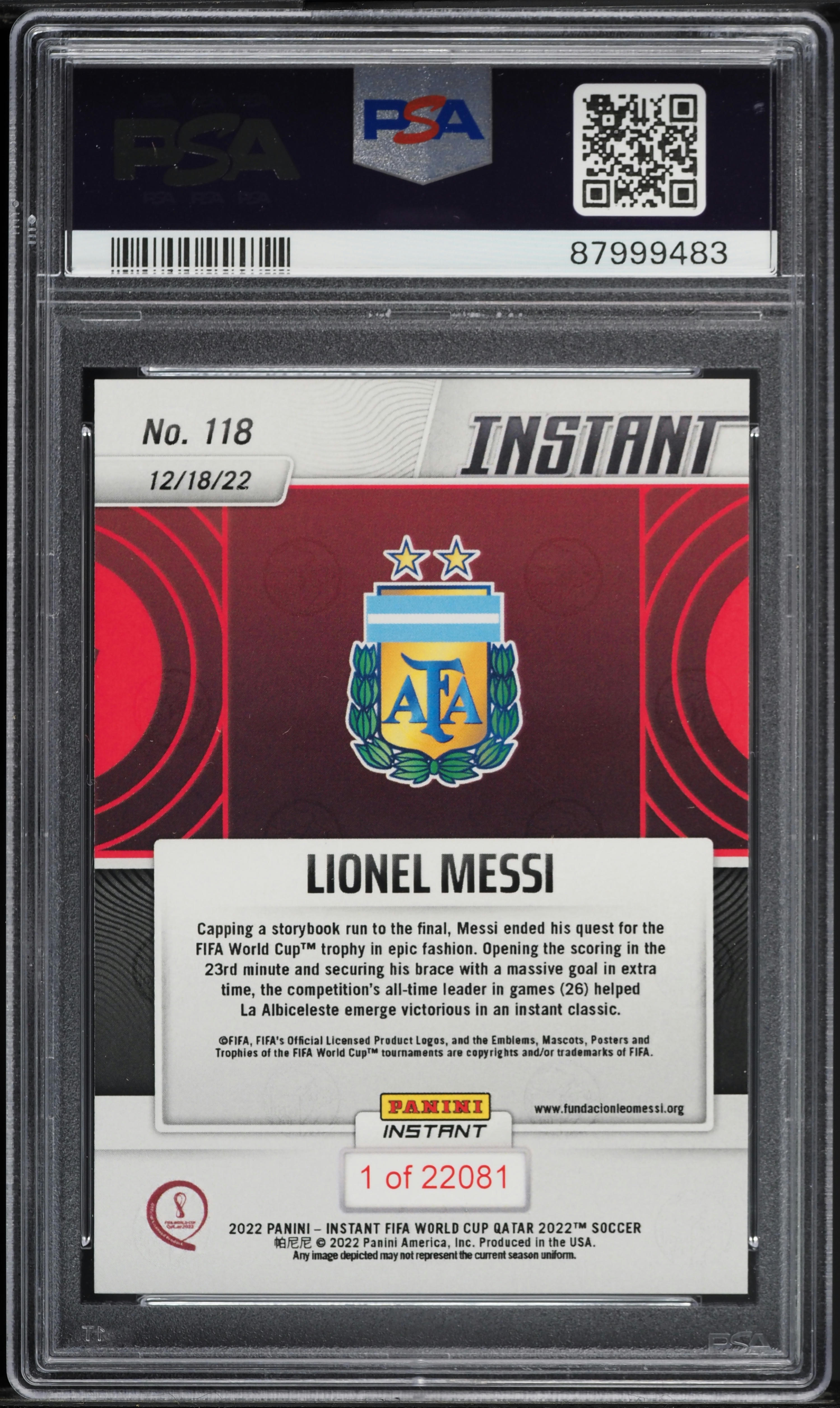 2022 Panini Instant FIFA World Cup Lionel Messi #118 PSA 10 GEM