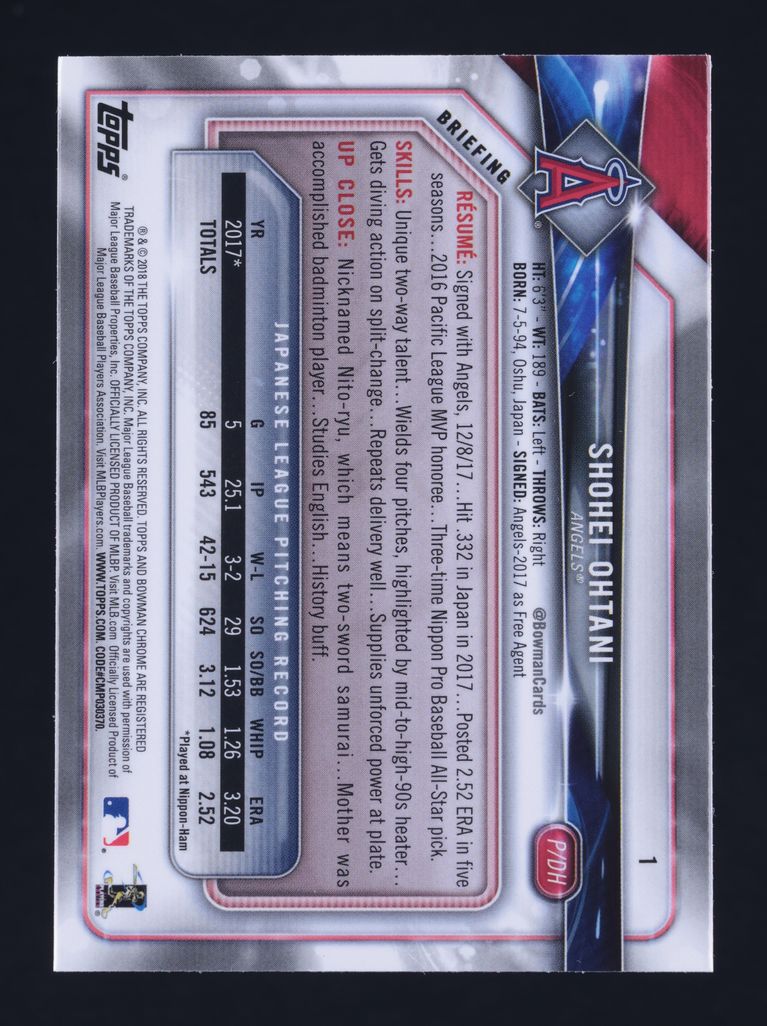 2018 Bowman Chrome Batting Shohei Ohtani ROOKIE #1 MBA AUTH