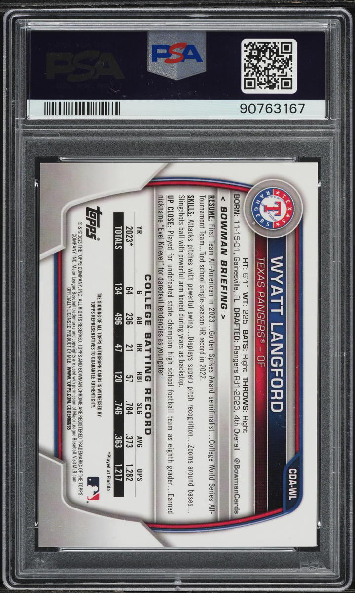 2023 Bowman Chrome Draft Wyatt Langford ROOKIE AUTO #CDA-WL PSA 10 GEM MINT