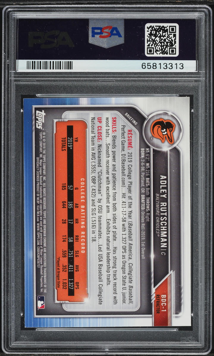 2019 Bowman Chrome Draft Refractor Adley Rutschman ROOKIE #BDC-1 PSA 10 GEM MINT