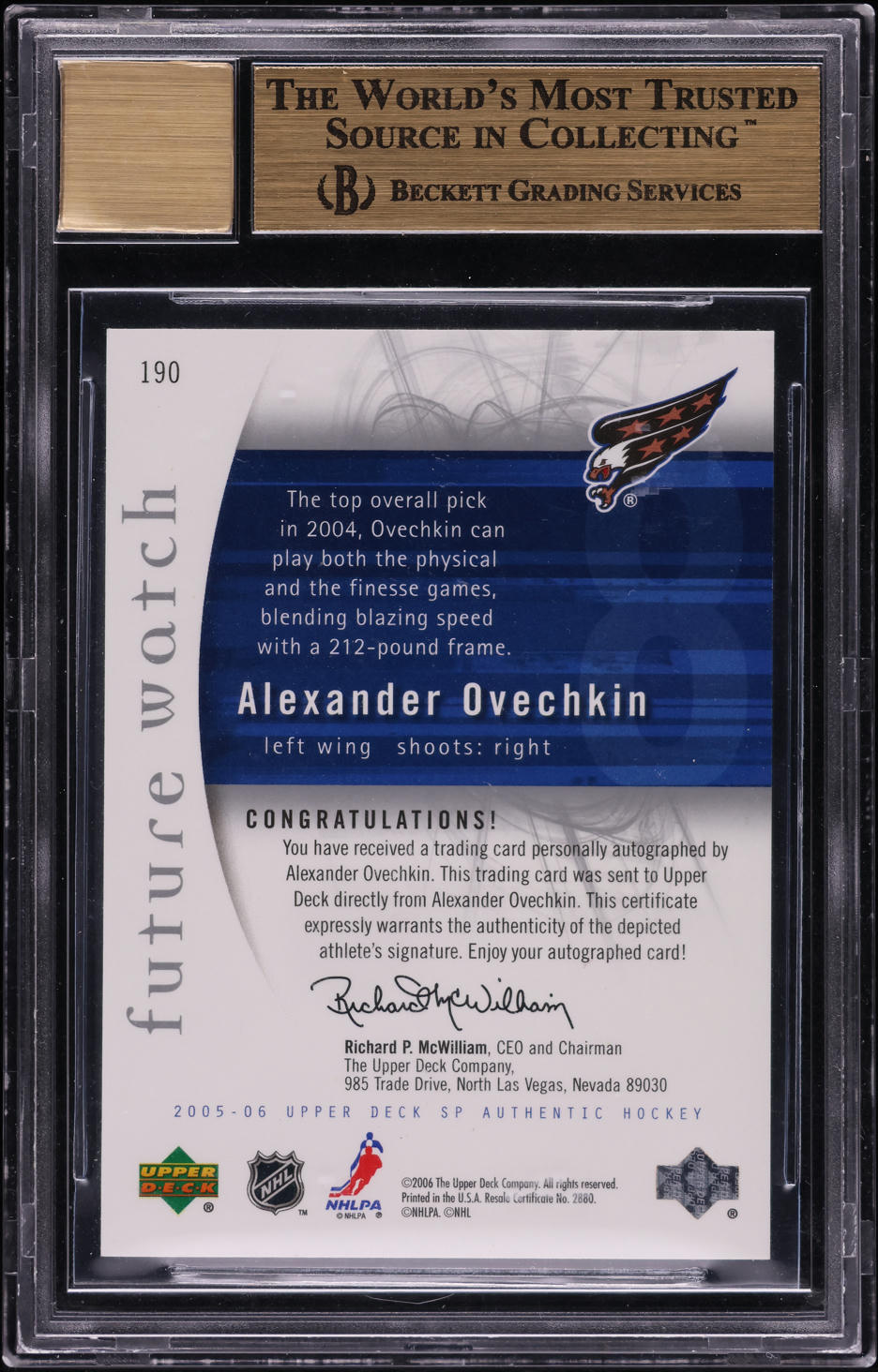 2005 SP Authentic Alexander Ovechkin ROOKIE AUTO /999 #190 BGS 9.5 GEM MINT