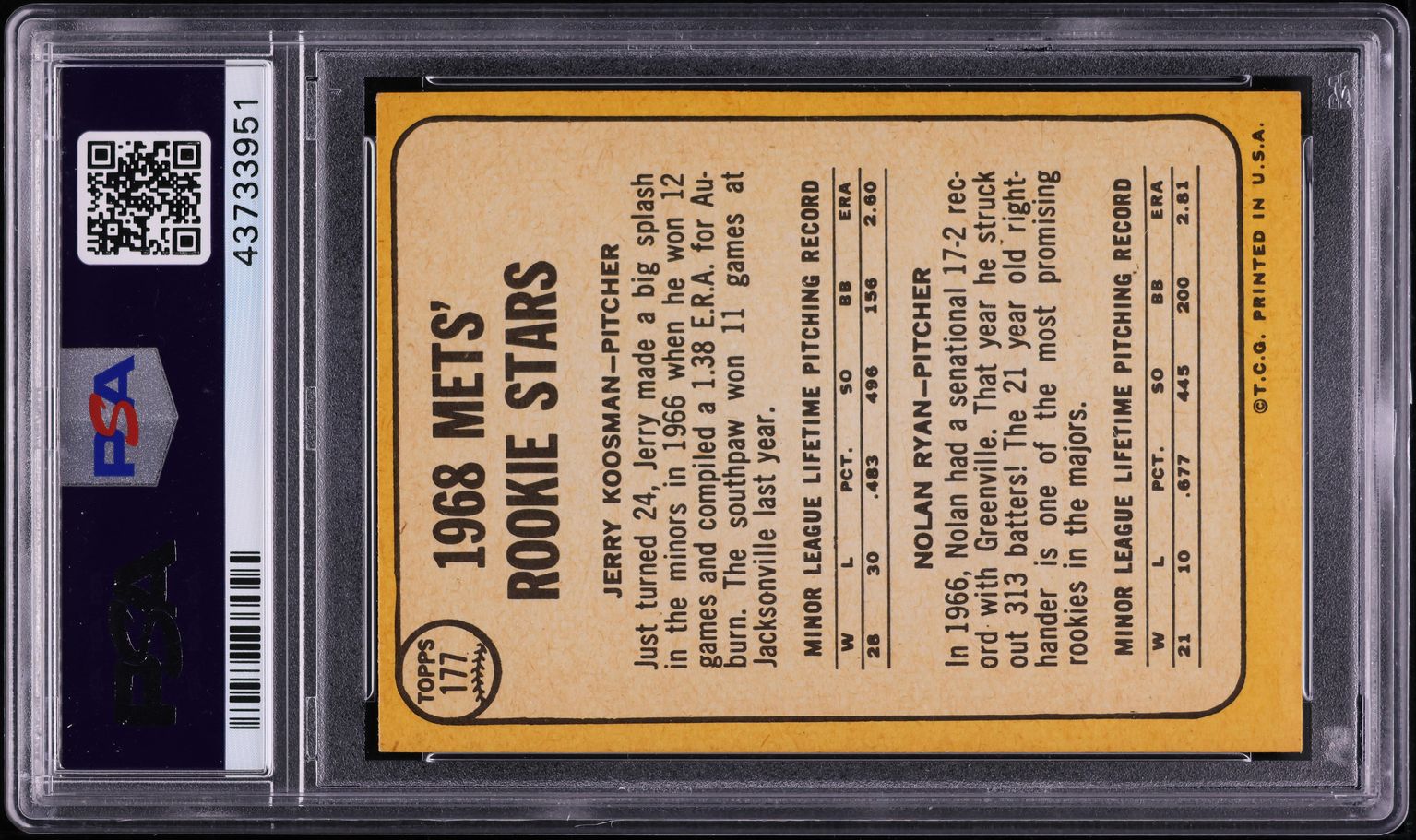1968 Topps Nolan Ryan ROOKIE #177 PSA 6 EXMT