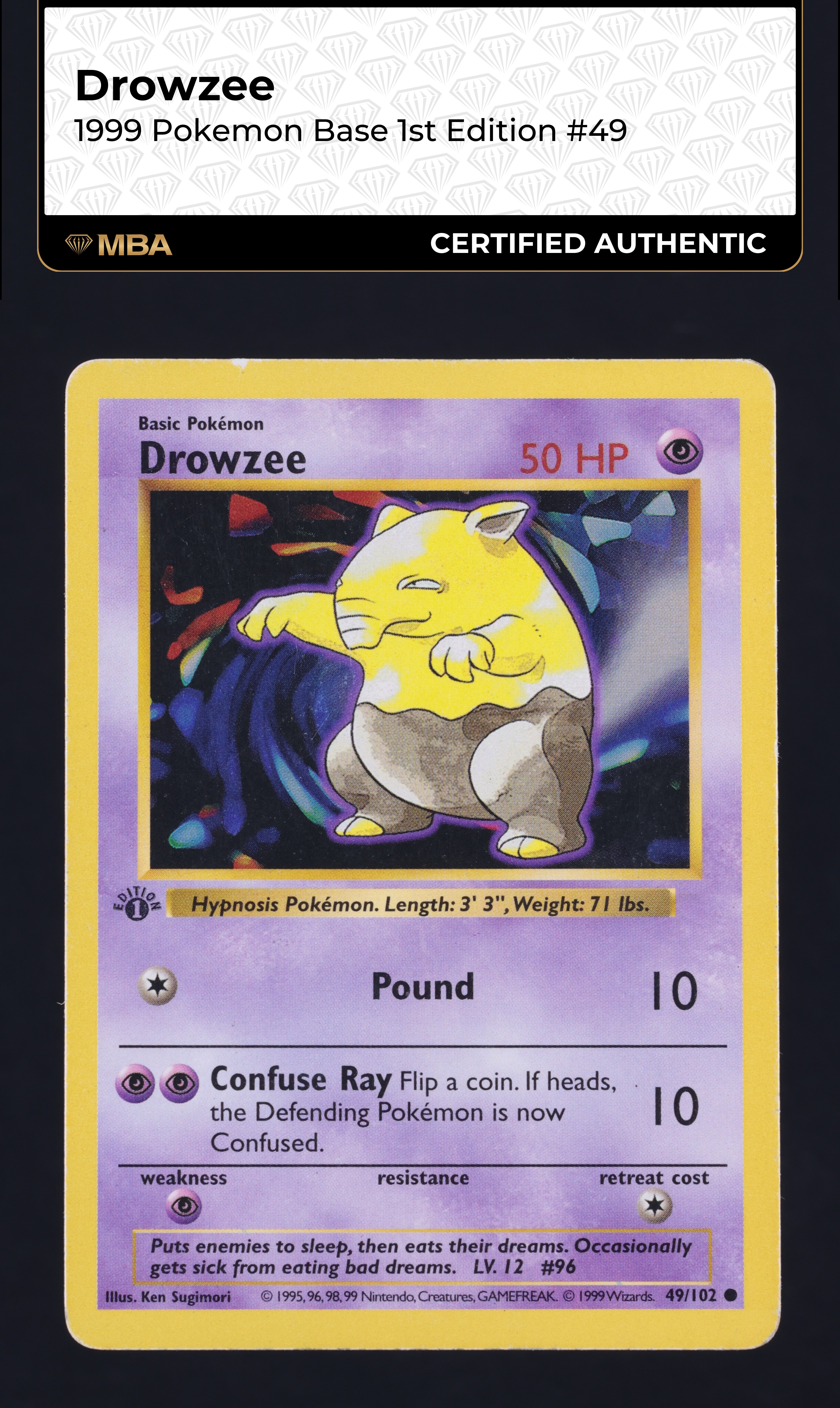 1999 Pokemon Base Set Shadowless 1st Edition Drowzee #49 MBA AUTH