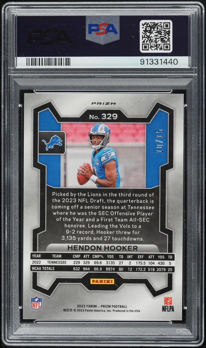 2023 Panini Prizm No Huddle Pink Hendon Hooker ROOKIE /15 #329 PSA 9 MINT