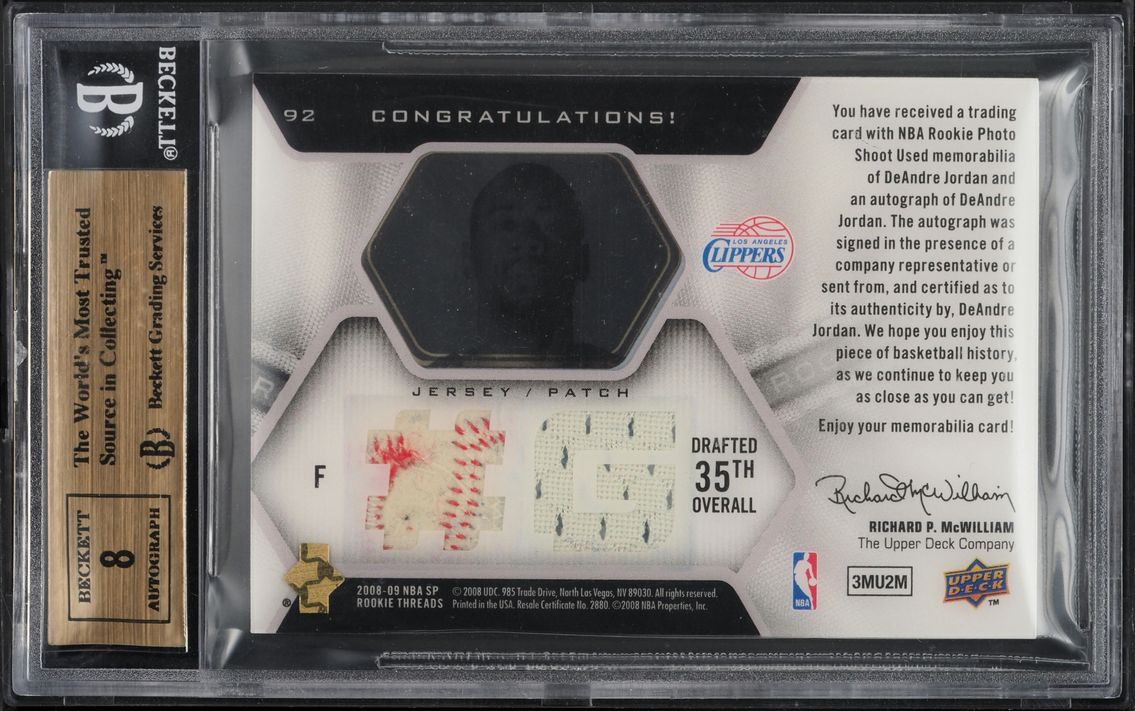 2008 SP Threads Parallel Deandre Jordan ROOKIE PATCH AUTO /35 #92 BGS 9.5 GEM