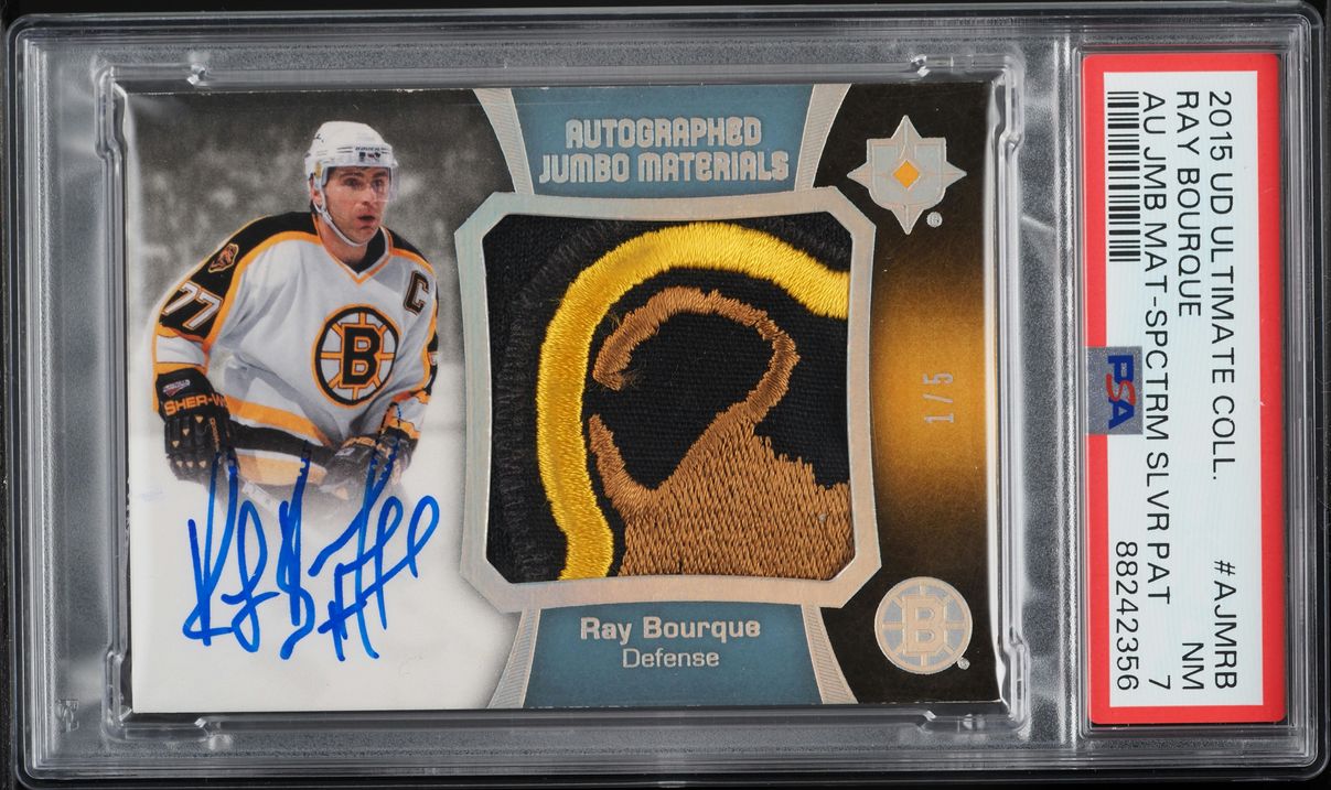 2015 Upper Deck Ultimate Spectrum Silver Ray Bourque PATCH AUTO 1/5 PSA 7 NRMT