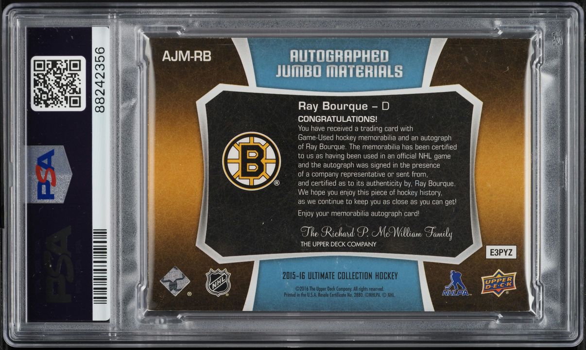 2015 Upper Deck Ultimate Spectrum Silver Ray Bourque PATCH AUTO 1/5 PSA 7 NRMT