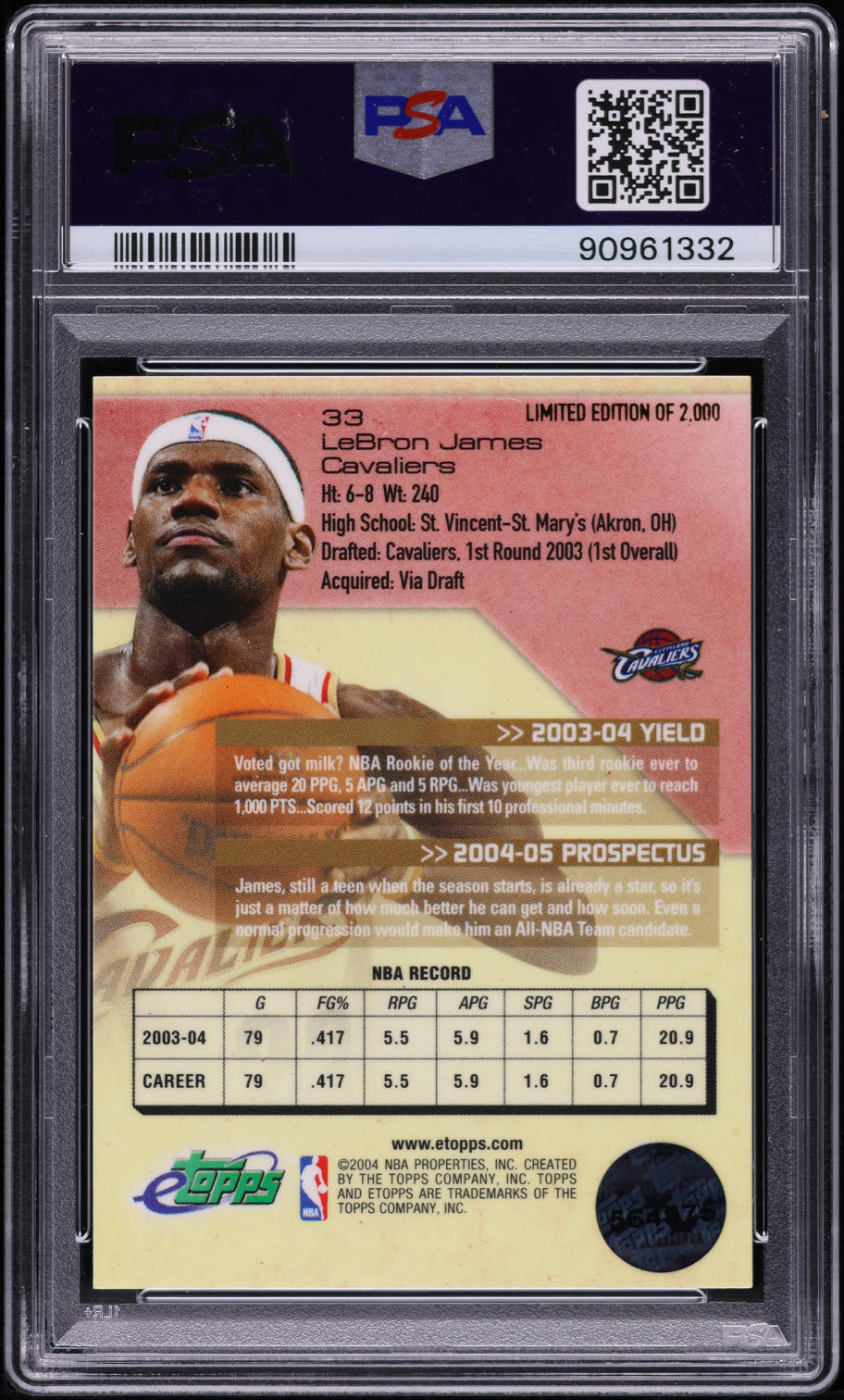 2004 eTopps Basketball Lebron James /2000 #33 PSA 9 MINT on