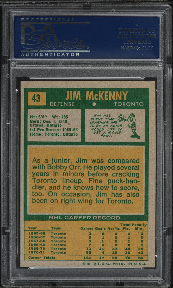 1971 Topps Hockey Jim McKenny #43 PSA 10 GEM MINT