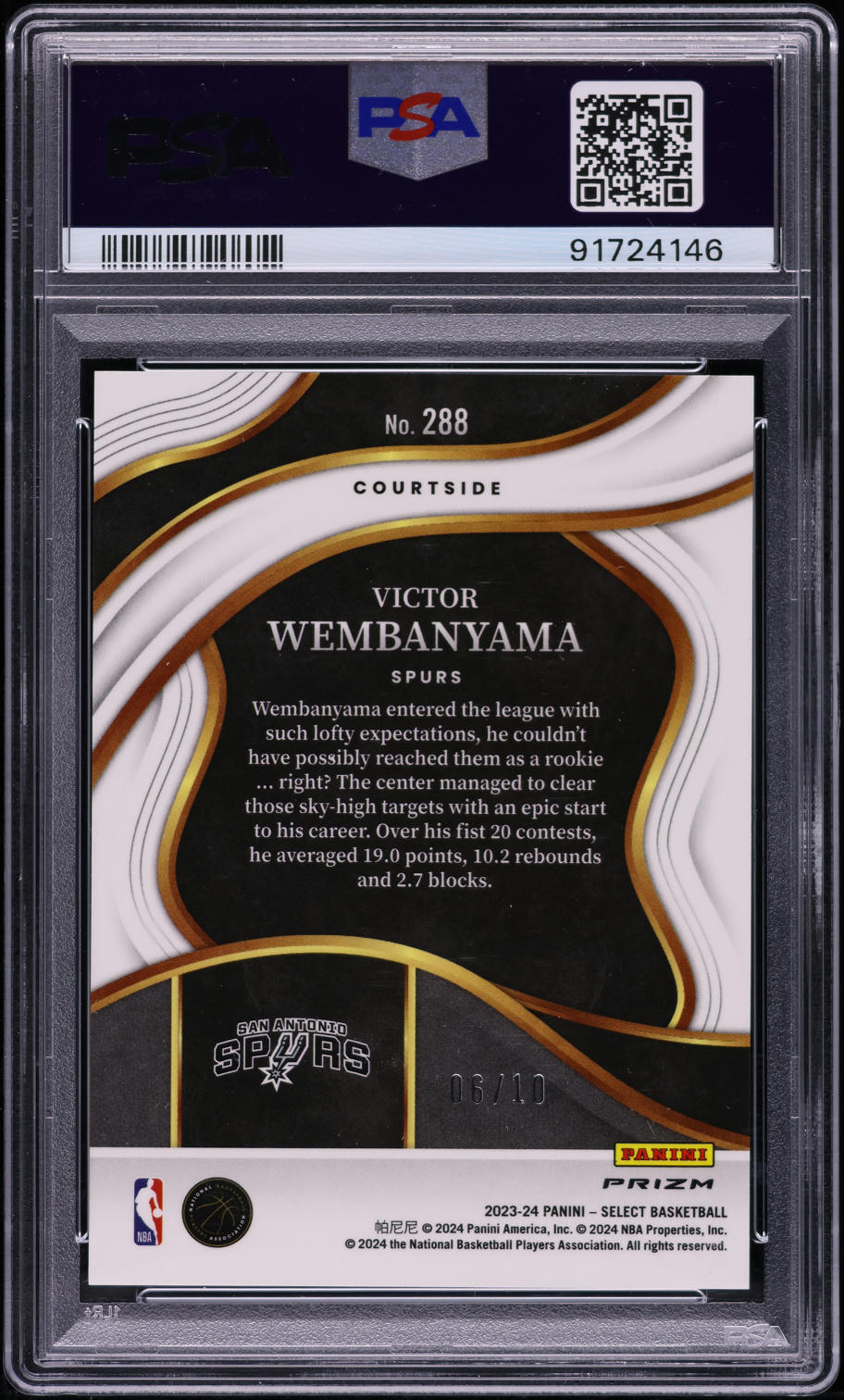 2023 Select Courtside Gold Cracked Ice Victor Wembanyama ROOKIE /10 #288 PSA 10