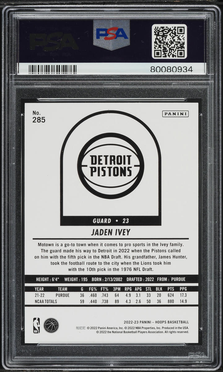 2022 Hoops Jaden Ivey ROOKIE #285 PSA 10 GEM MINT