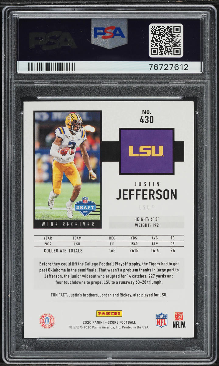 2020 Score Football Justin Jefferson ROOKIE #430 PSA 10 GEM MINT