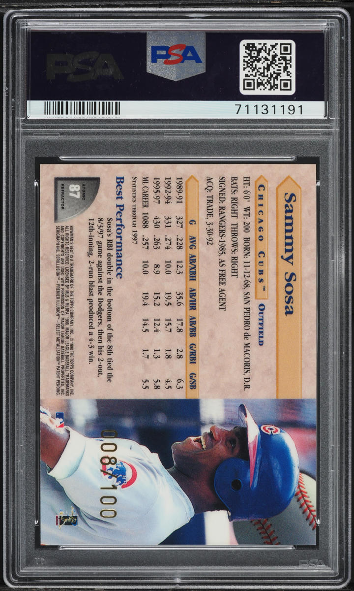 1998 Bowman's Best Atomic Refractor Sammy Sosa /100 #87 PSA 10 GEM MINT