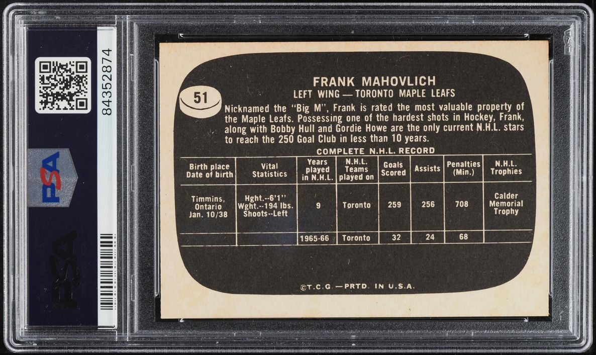 1966 Topps USA Test Hockey Frank Mahovlich #51 PSA 8 NM-MT