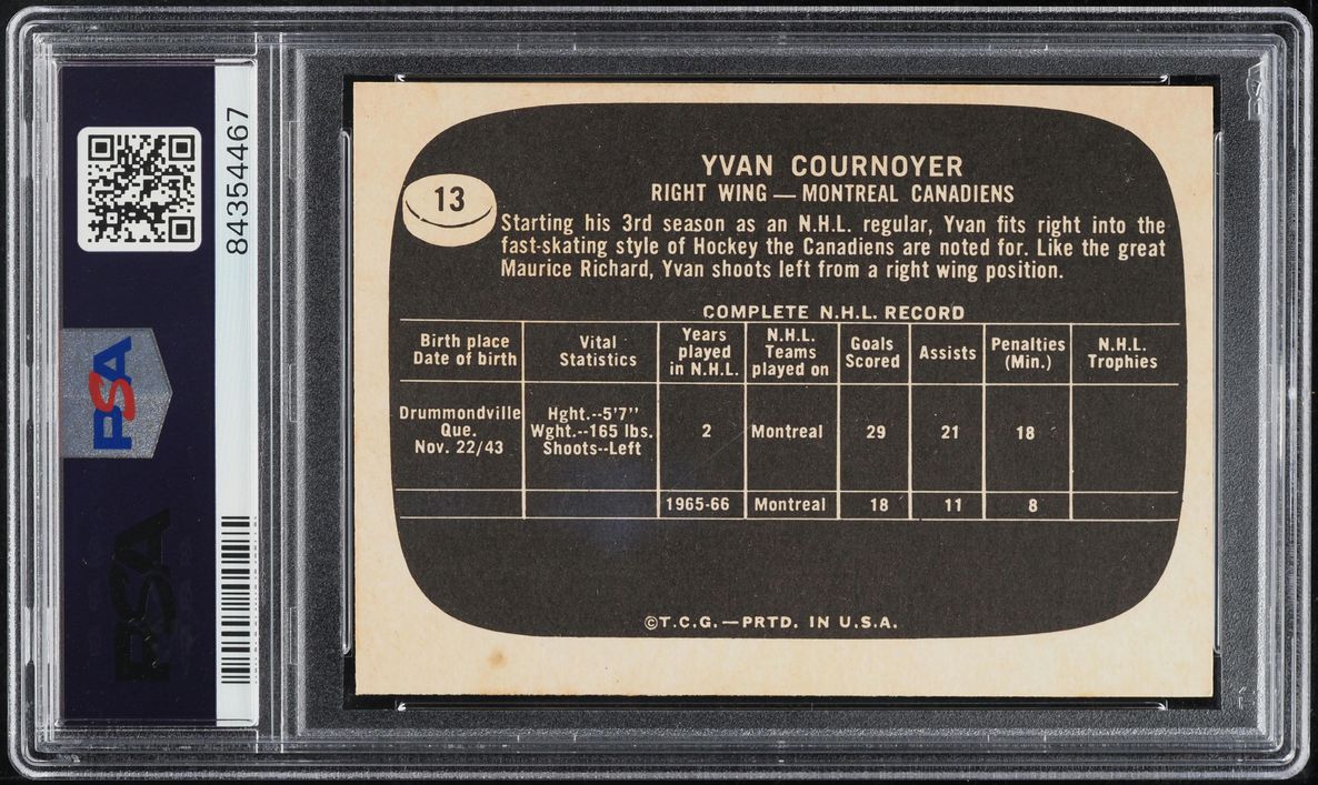 1966 Topps USA Test Hockey Yvan Cournoyer #13 PSA 8 NM-MT