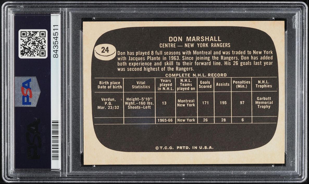 1966 Topps USA Test Hockey Don Marshall #24 PSA 6 EXMT