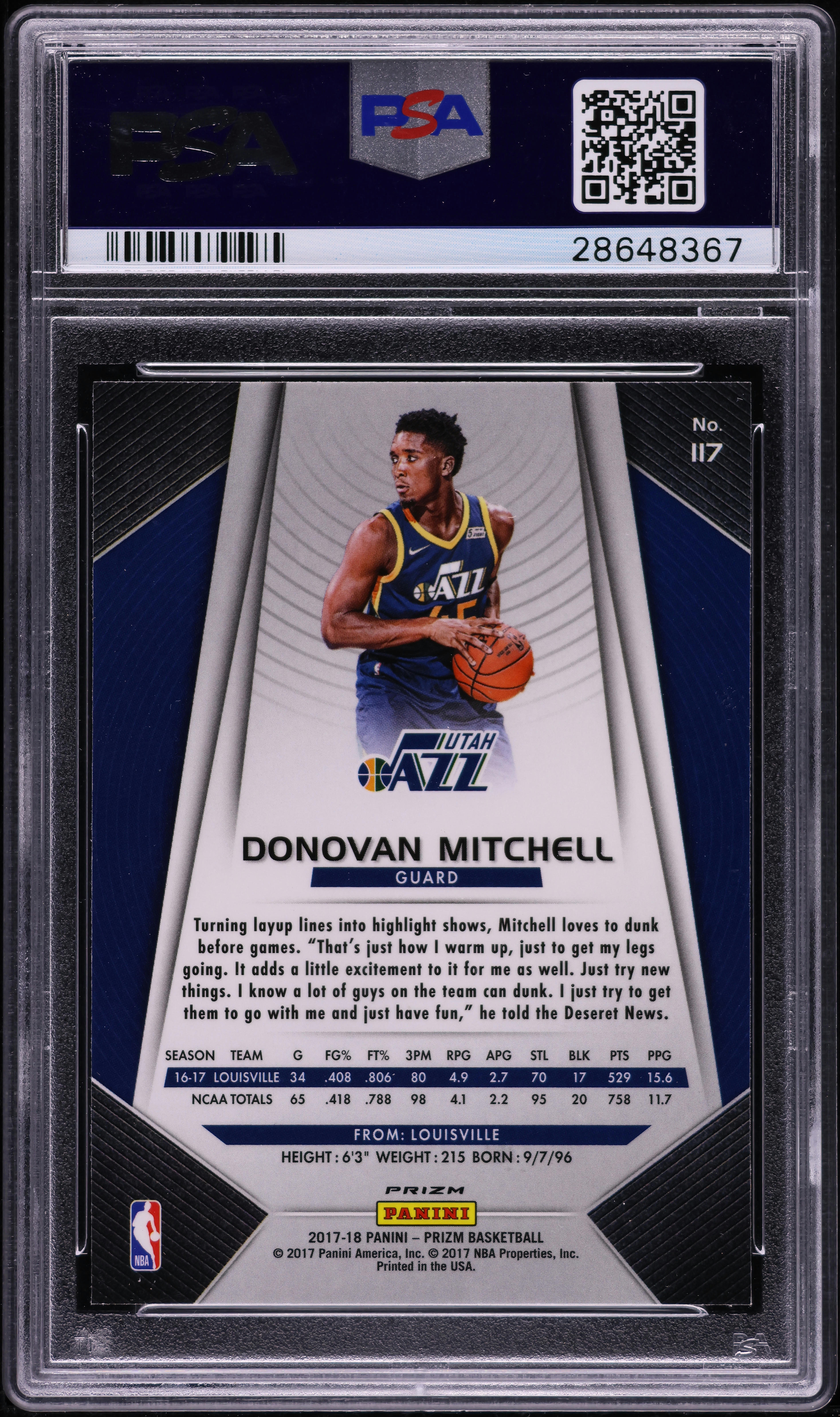 DONOVAN MITCHELL ROOKIE❗ 2017 Panini Prizm Red White Blue Donovan Mitchell ROOKIE #117 PSA