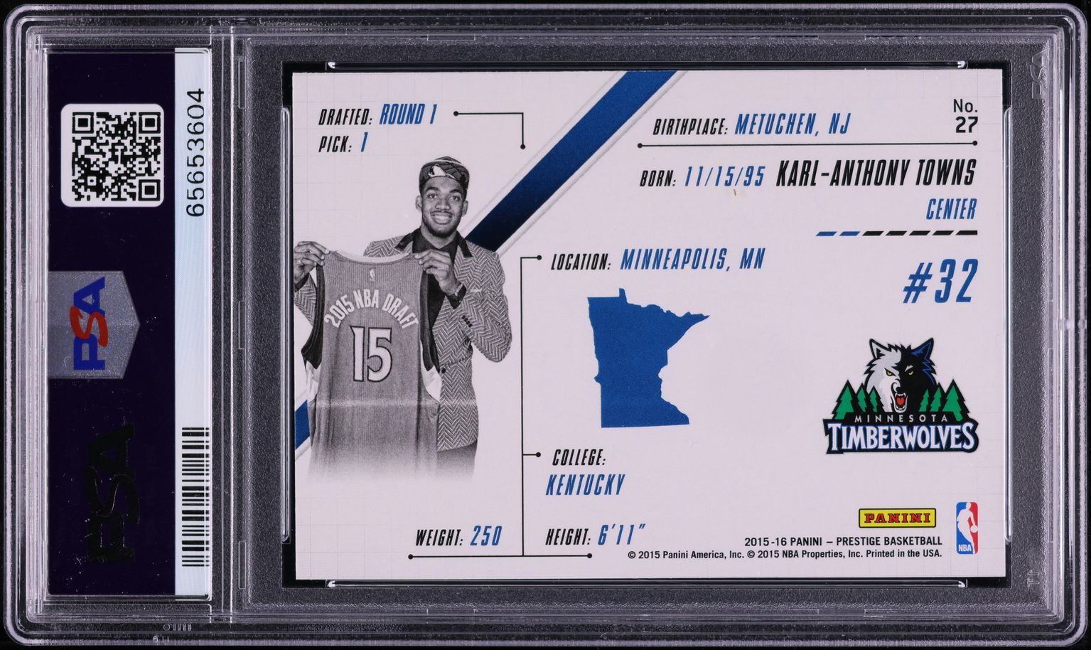 2015 Panini Prestige Prestigious Picks Karl-Anthony Towns ROOKIE #27 PSA 10 GEM