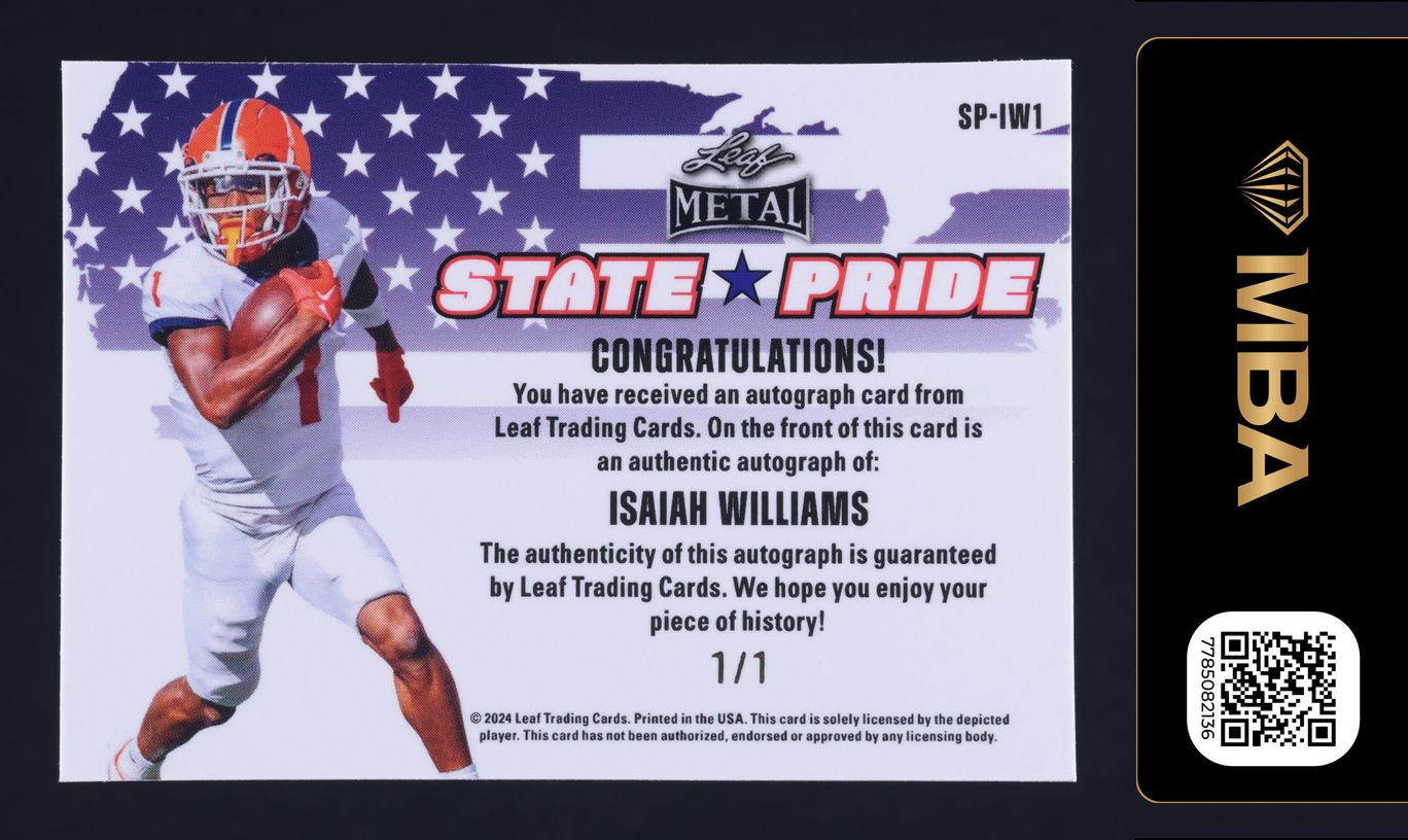 2024 Leaf Metal State Pride Teal Laser Isaiah Williams ROOKIE AUTO 1/1 MBA AUTH