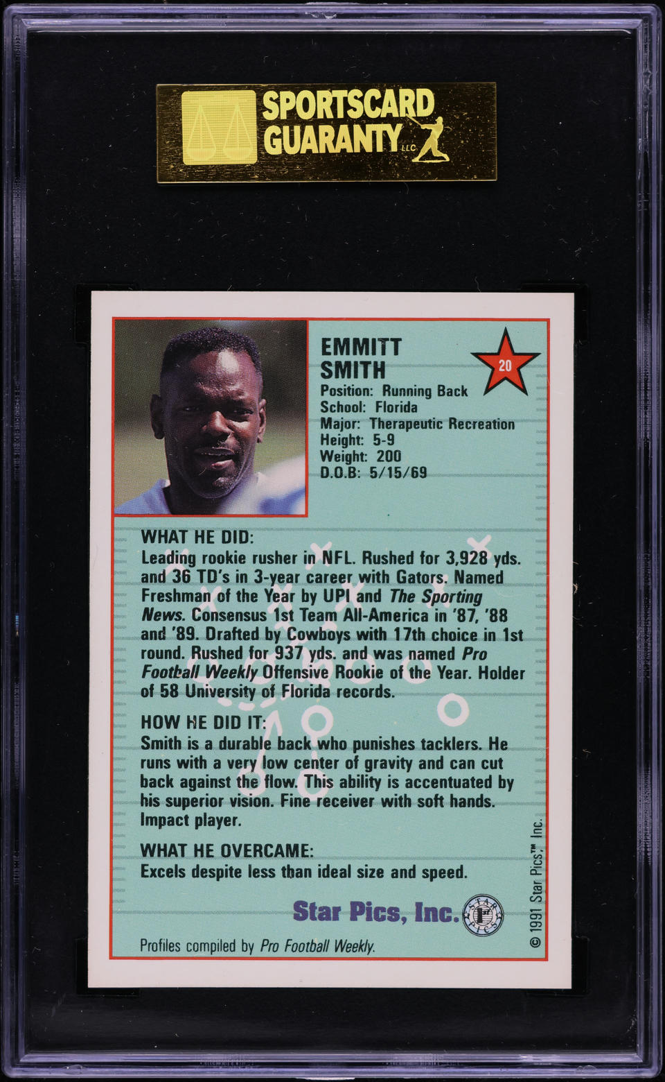 1991 Star Pics Emmitt Smith ROOKIE #20 SGC 10 GEM MINT