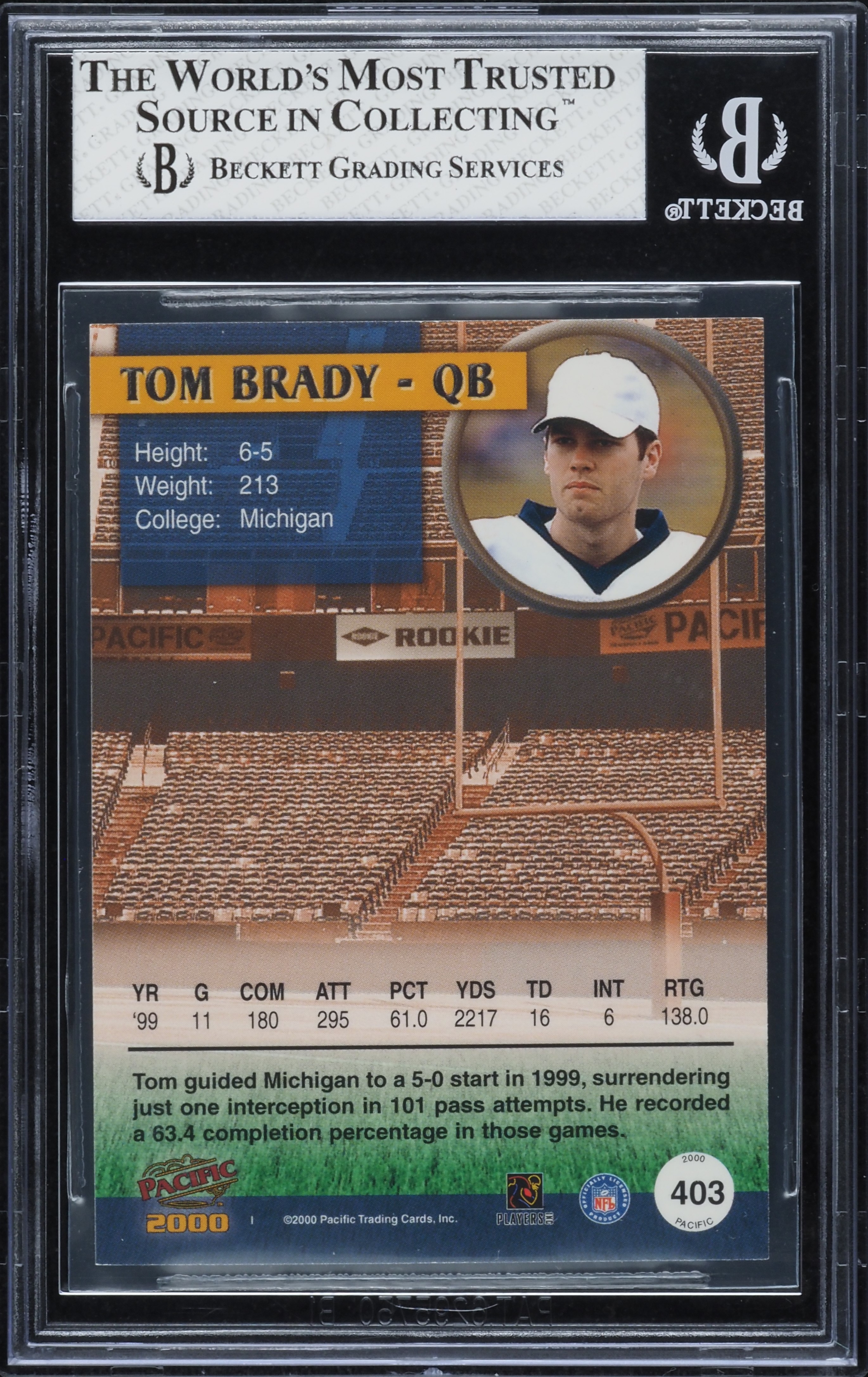 その他 2000 PACIFIC #403 TOM BRADY BGS 8.5 2000 Pacific Football Tom Brady ROOKIE #403 BGS 8 NM-MT on