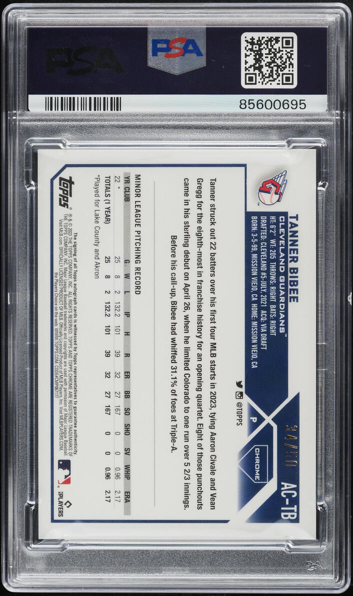 2023 Topps Chrome Update Gold Tanner Bibee ROOKIE AUTO /50 #ACTB PSA 10 GEM MINT
