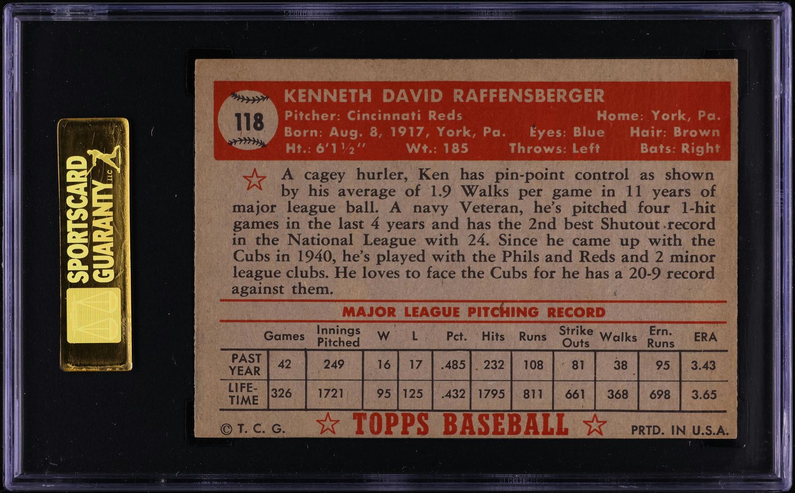 1952 Topps Ken Raffensberger #118 SGC 6 EXMT